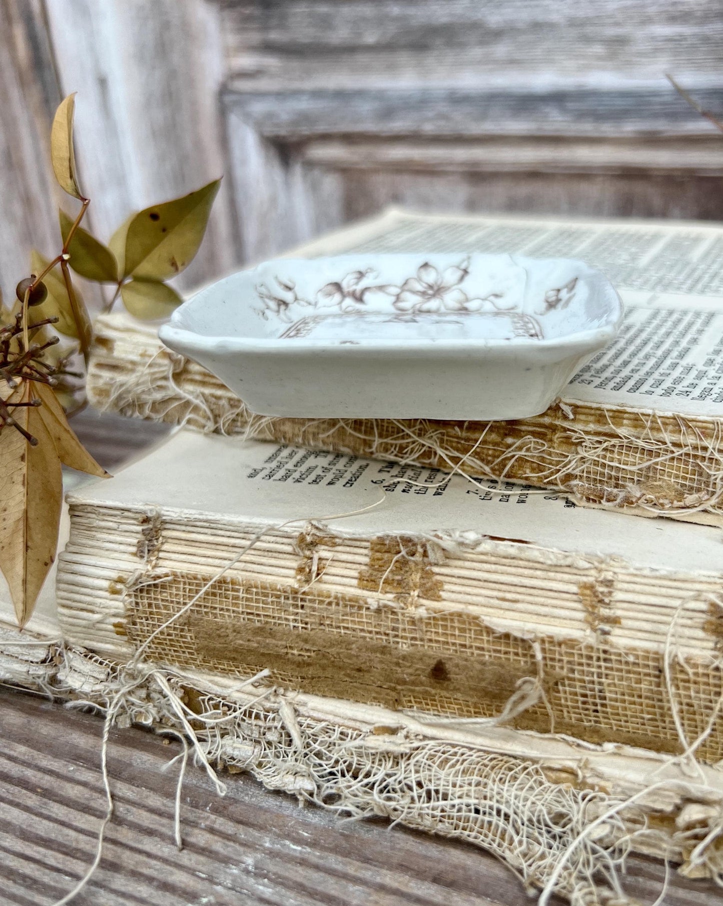 Antique SQUARE White Ironstone Butter Pat BROWN Transferware Floral Farmhouse Decor KENT