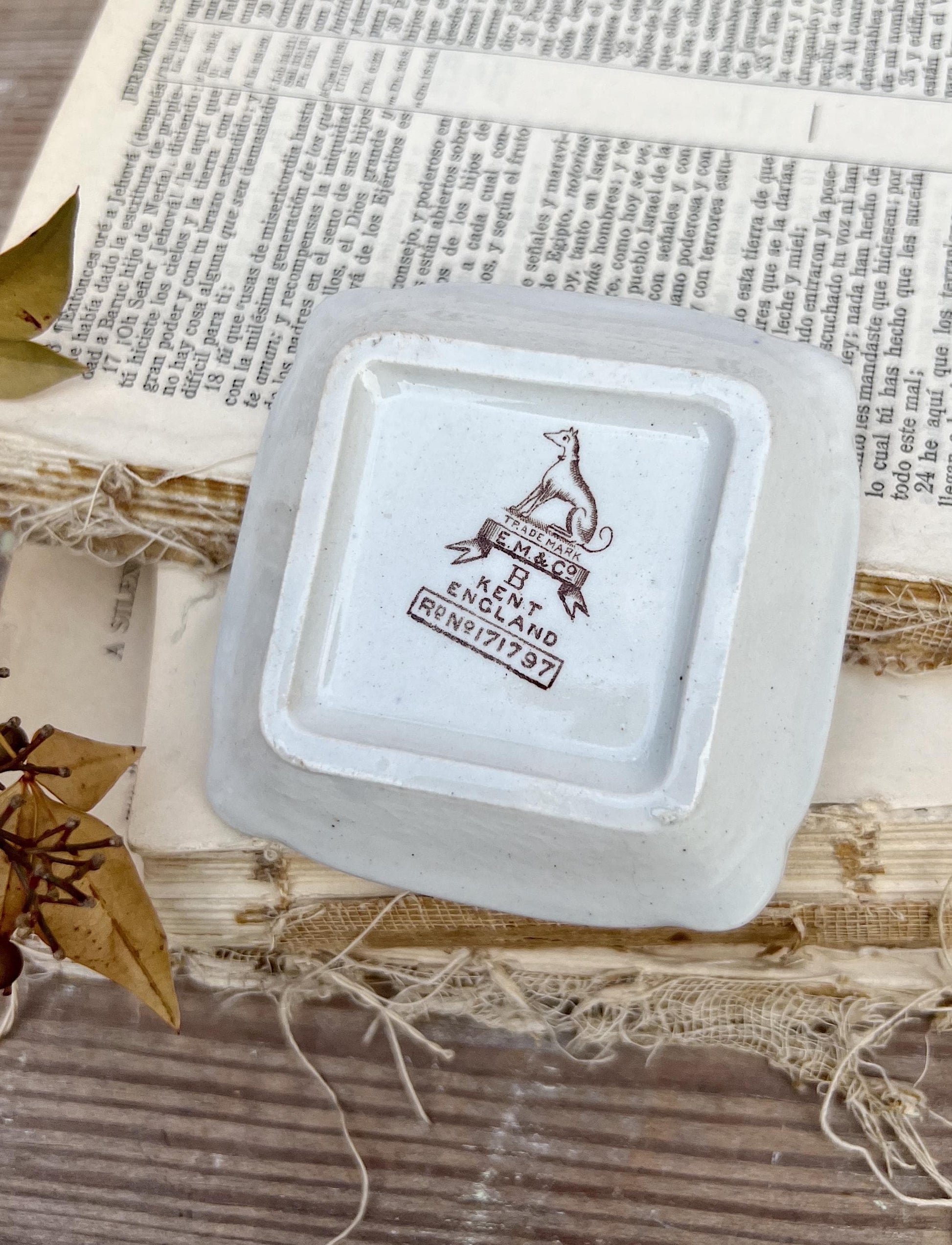 Antique SQUARE White Ironstone Butter Pat BROWN Transferware Floral Farmhouse Decor KENT