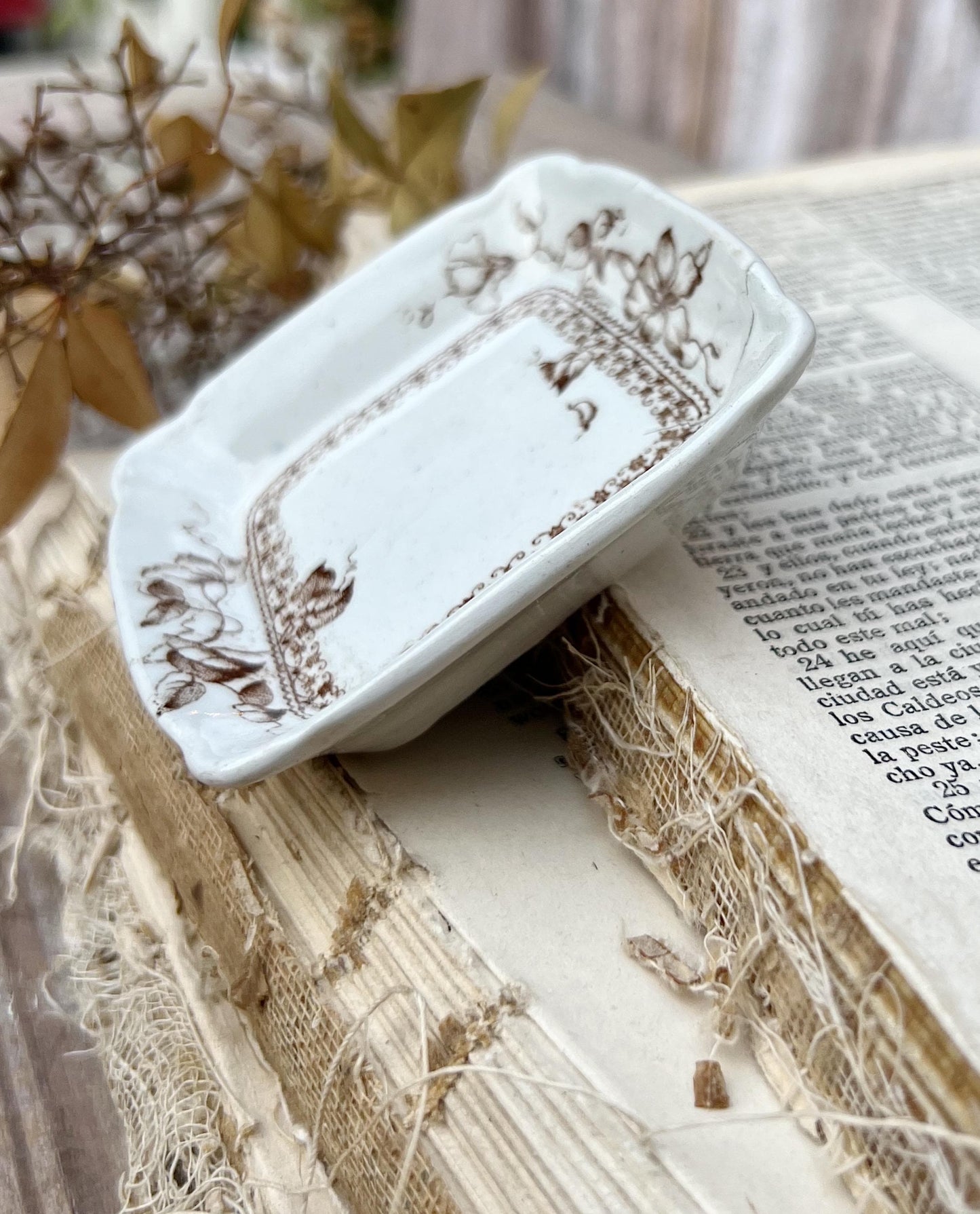 Antique SQUARE White Ironstone Butter Pat BROWN Transferware Floral Farmhouse Decor KENT