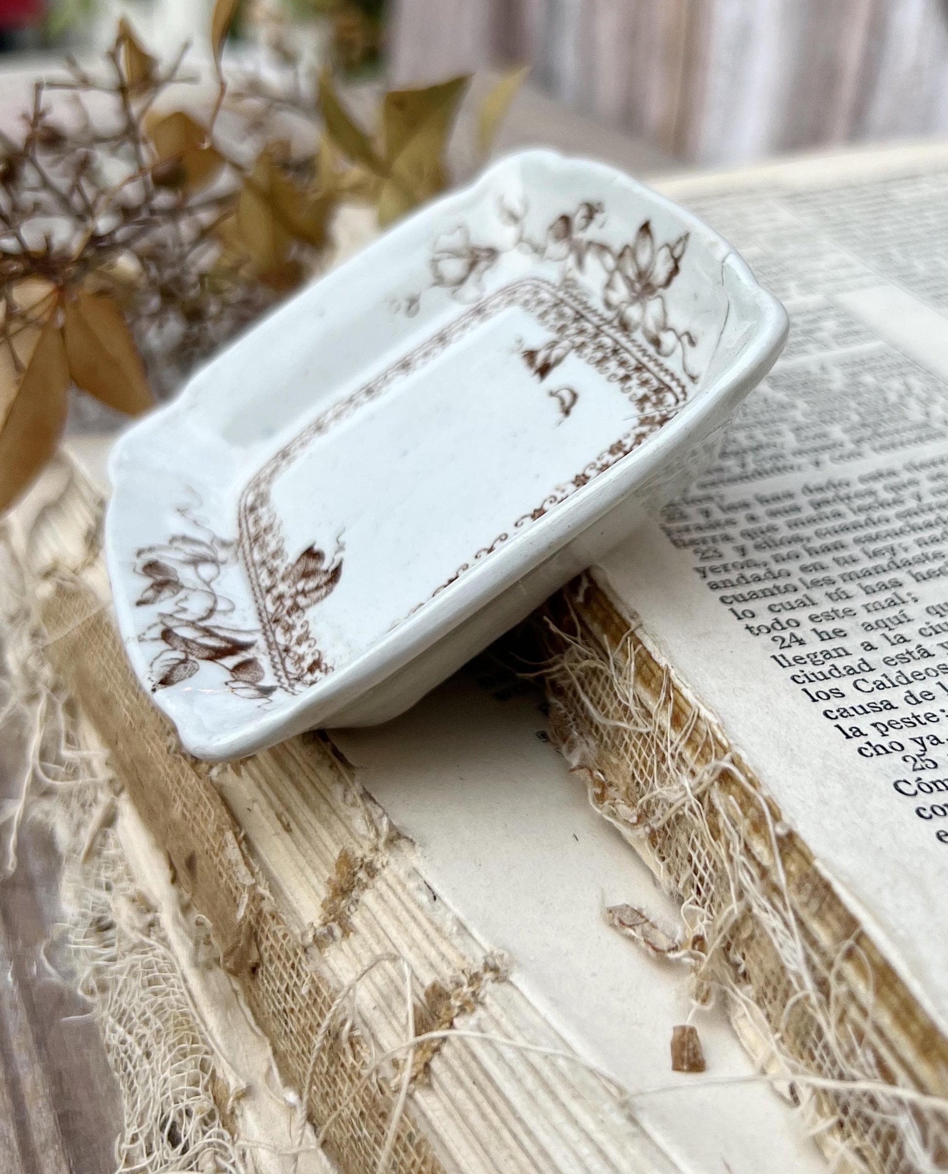 Antique SQUARE White Ironstone Butter Pat BROWN Transferware Floral Farmhouse Decor KENT