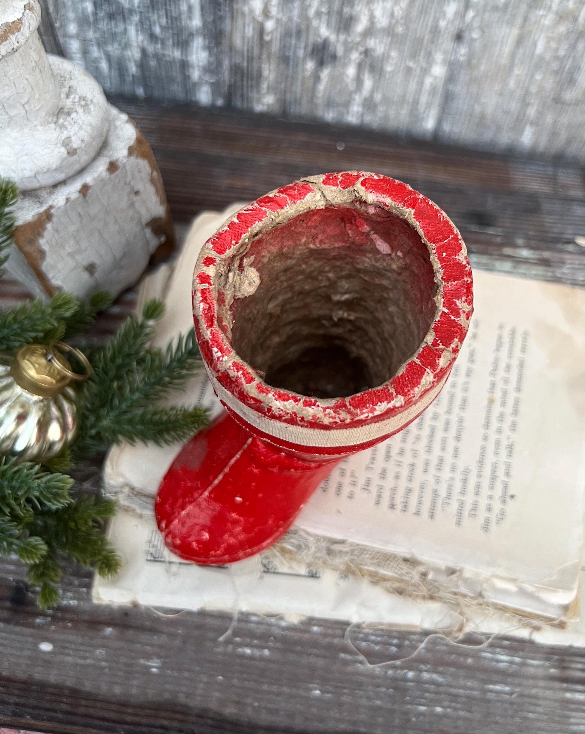 Vintage RED SANTA BOOT Planter Paper Mache Container Farmhouse Christmas Decor Retro
