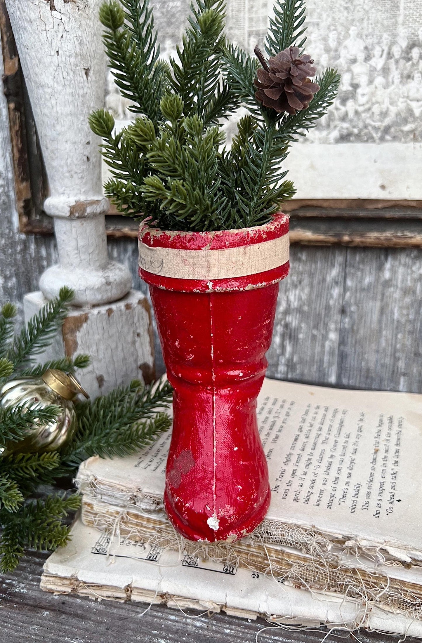 Vintage RED SANTA BOOT Planter Paper Mache Container Farmhouse Christmas Decor Retro