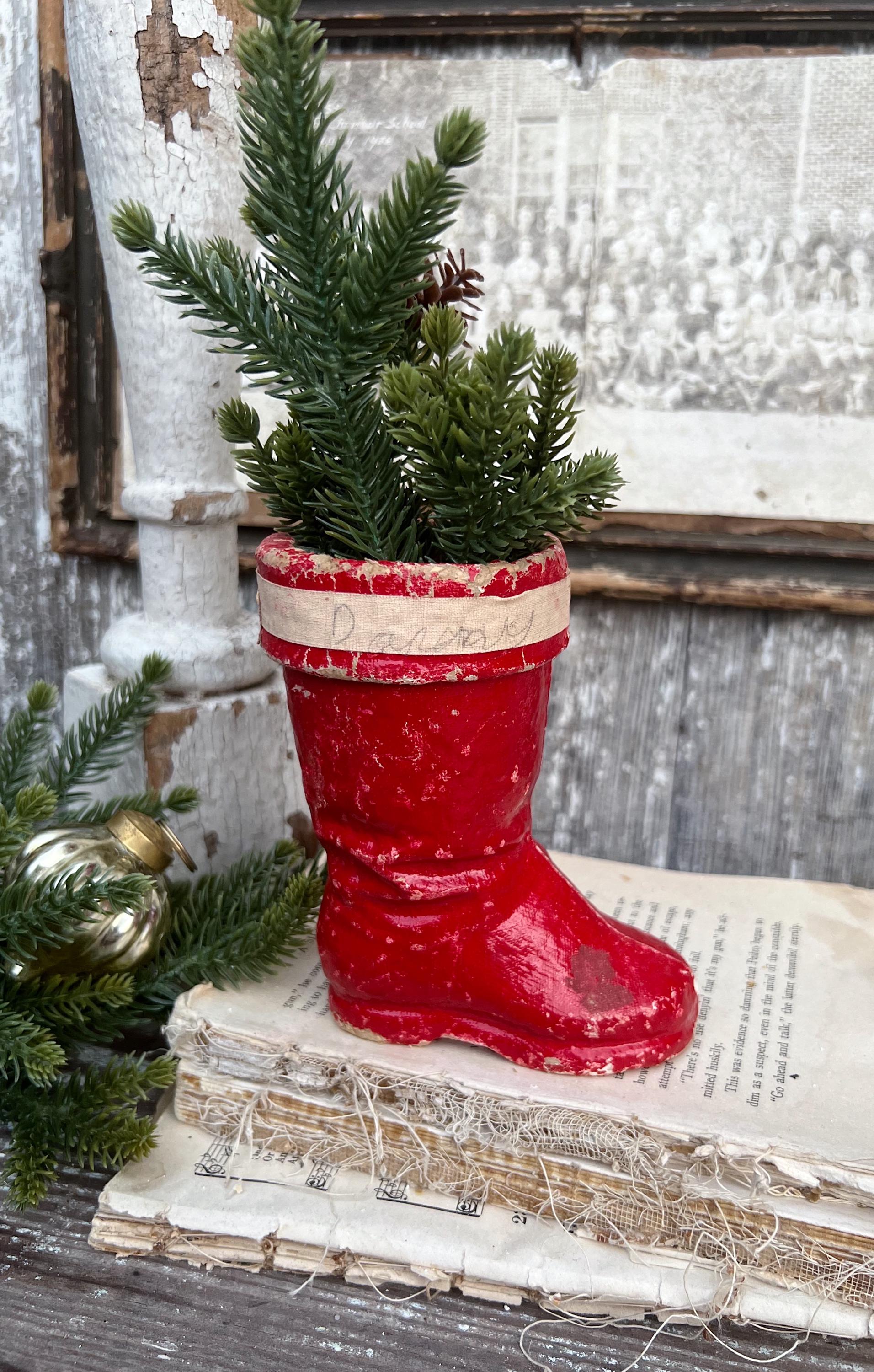 Vintage RED SANTA BOOT Planter Paper Mache Container Farmhouse Christmas Decor Retro