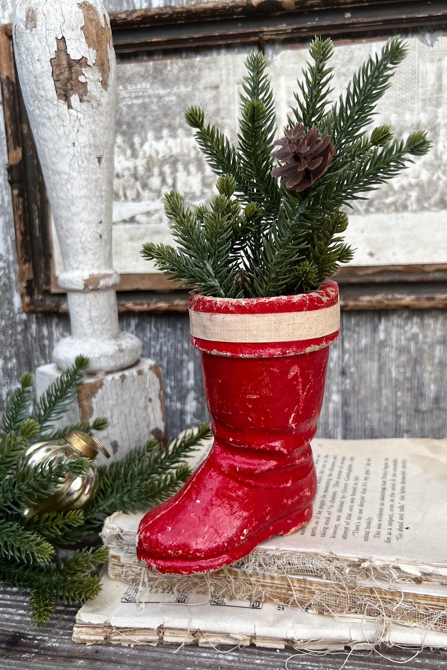 Vintage RED SANTA BOOT Planter Paper Mache Container Farmhouse Christmas Decor Retro