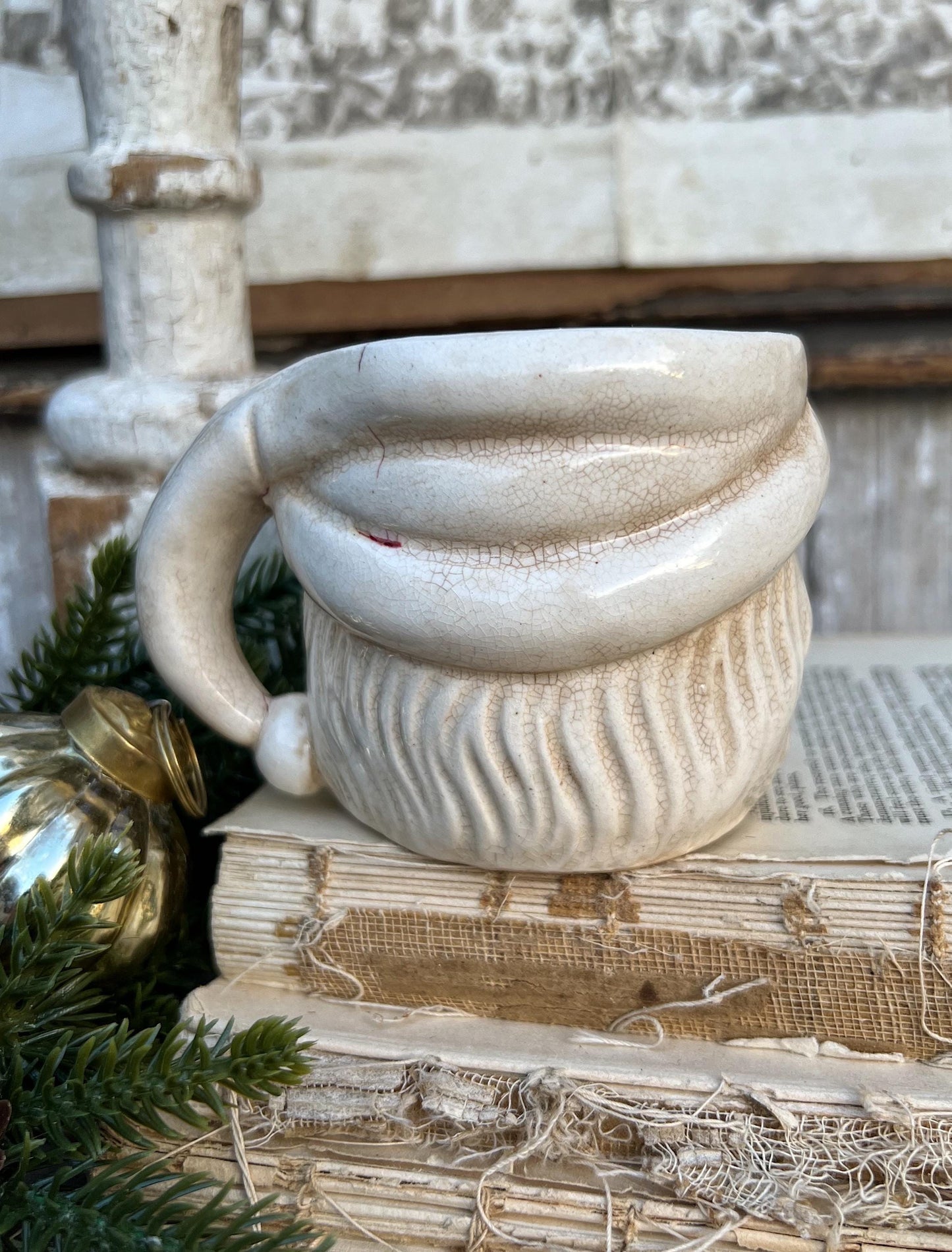 Vintage Ironstone Santa Claus Cup Mug FULL SIZE Creamy White Santa Farmhouse Christmas Decor RARE Japan Crazing Grungy Crazed