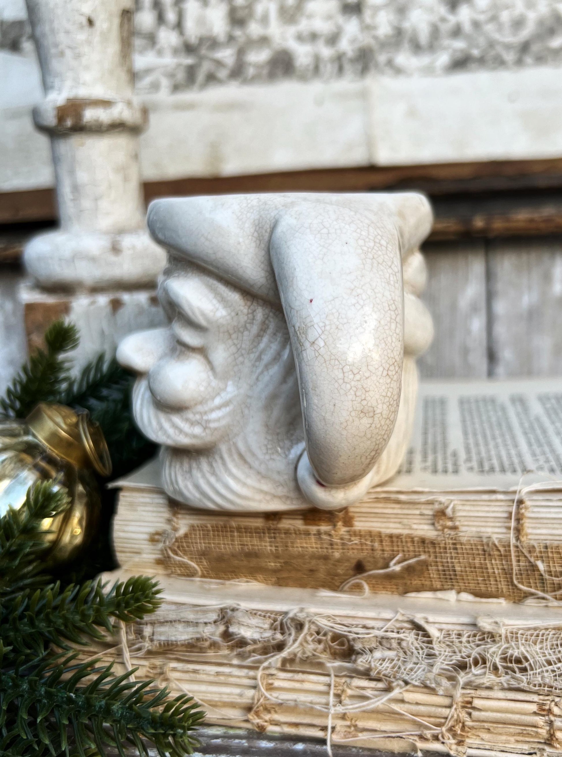 Vintage Ironstone Santa Claus Cup Mug FULL SIZE Creamy White Santa Farmhouse Christmas Decor RARE Japan Crazing Grungy Crazed