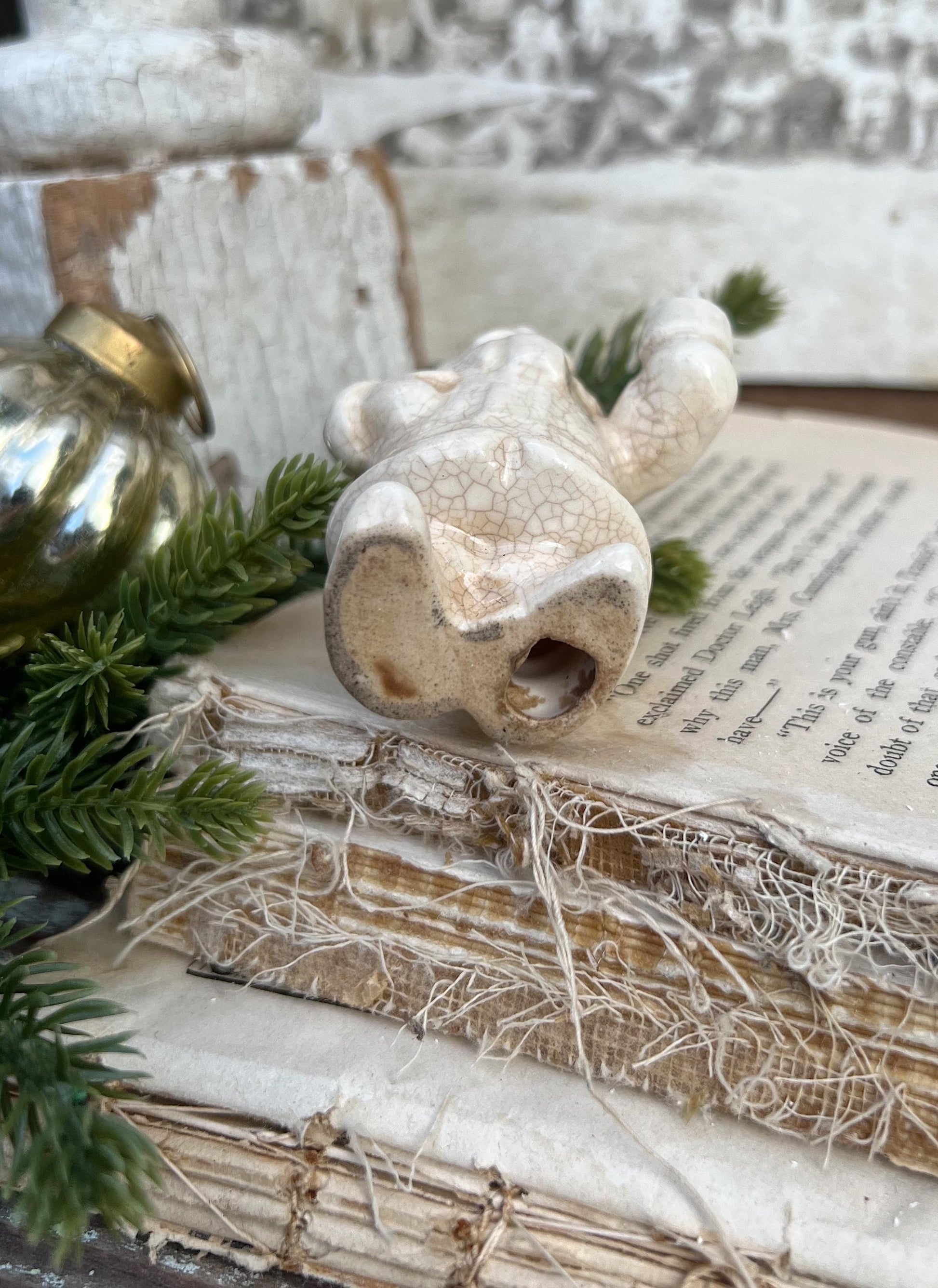 Vintage Ironstone Santa Claus Candle Holder Creamy WHITE Farmhouse Christmas Decor Stained Crazing Tiny