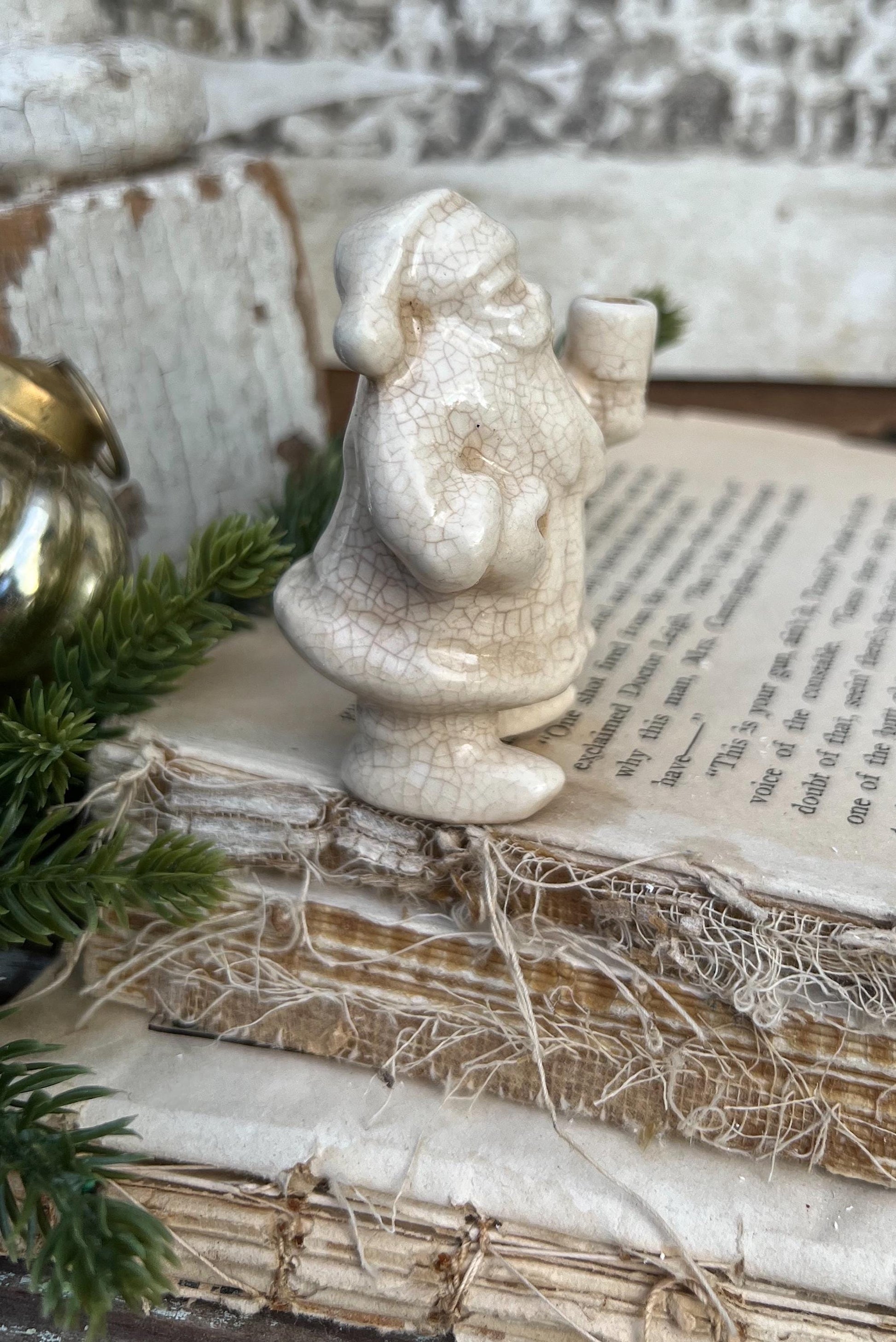 Vintage Ironstone Santa Claus Candle Holder Creamy WHITE Farmhouse Christmas Decor Stained Crazing Tiny