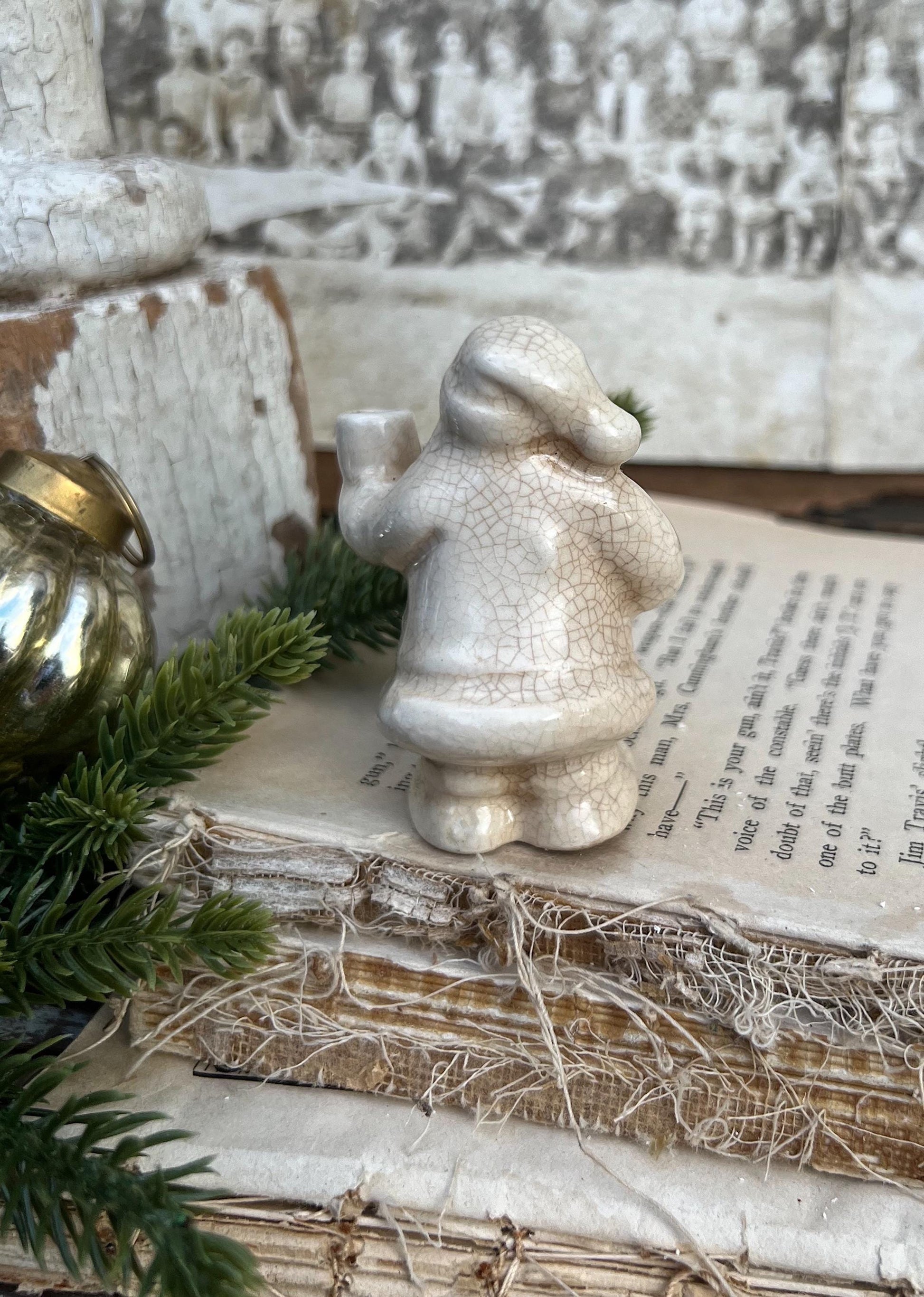 Vintage Ironstone Santa Claus Candle Holder Creamy WHITE Farmhouse Christmas Decor Stained Crazing Tiny