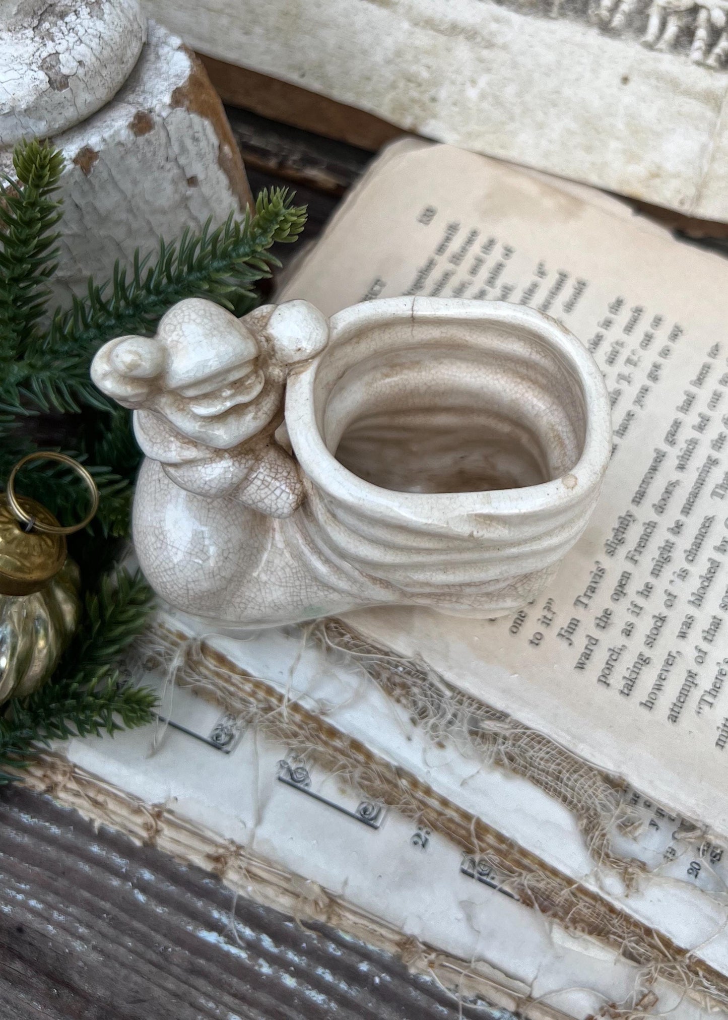 Vintage SANTA BOOT with Santa Planter Creamy White Ironstone Crazing Grungy Ceramic Container Farmhouse Christmas Decor NAPCO Japan