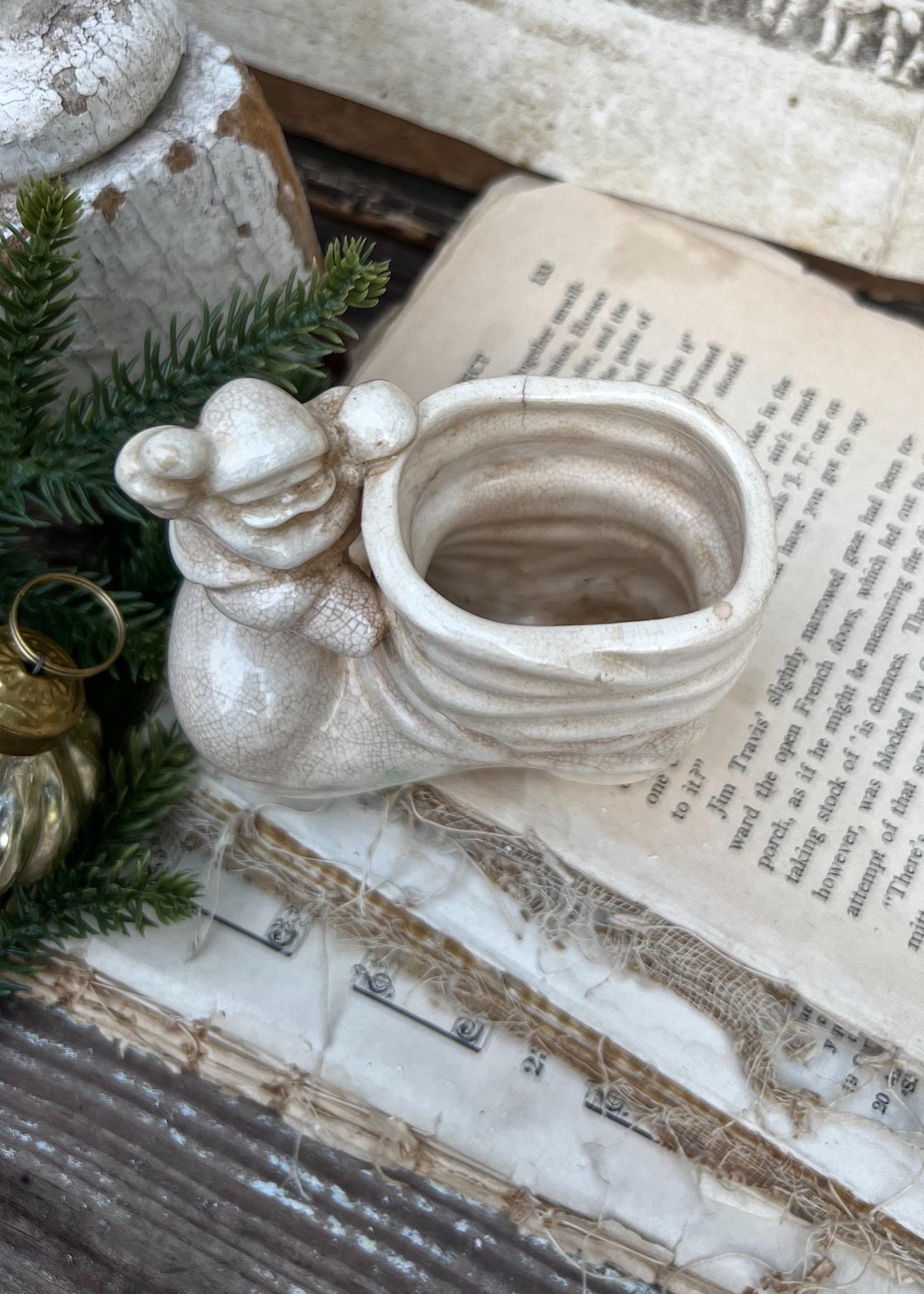 Vintage SANTA BOOT with Santa Planter Creamy White Ironstone Crazing Grungy Ceramic Container Farmhouse Christmas Decor NAPCO Japan