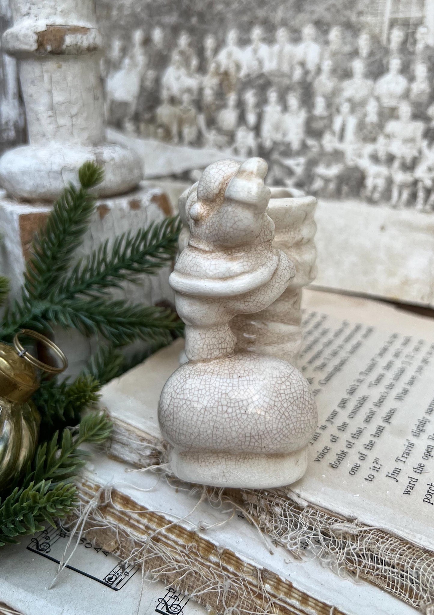 Vintage SANTA BOOT with Santa Planter Creamy White Ironstone Crazing Grungy Ceramic Container Farmhouse Christmas Decor NAPCO Japan