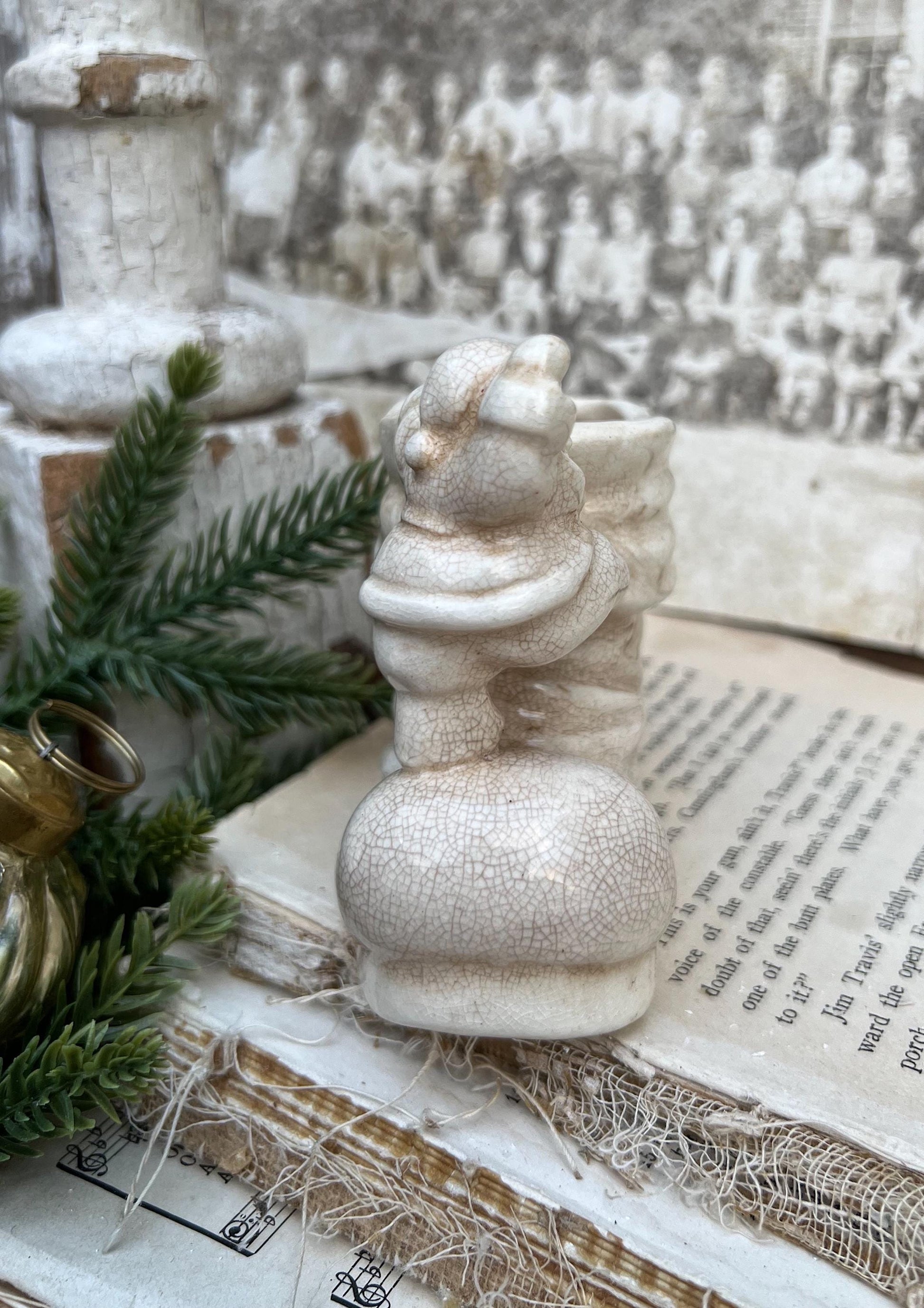 Vintage SANTA BOOT with Santa Planter Creamy White Ironstone Crazing Grungy Ceramic Container Farmhouse Christmas Decor NAPCO Japan