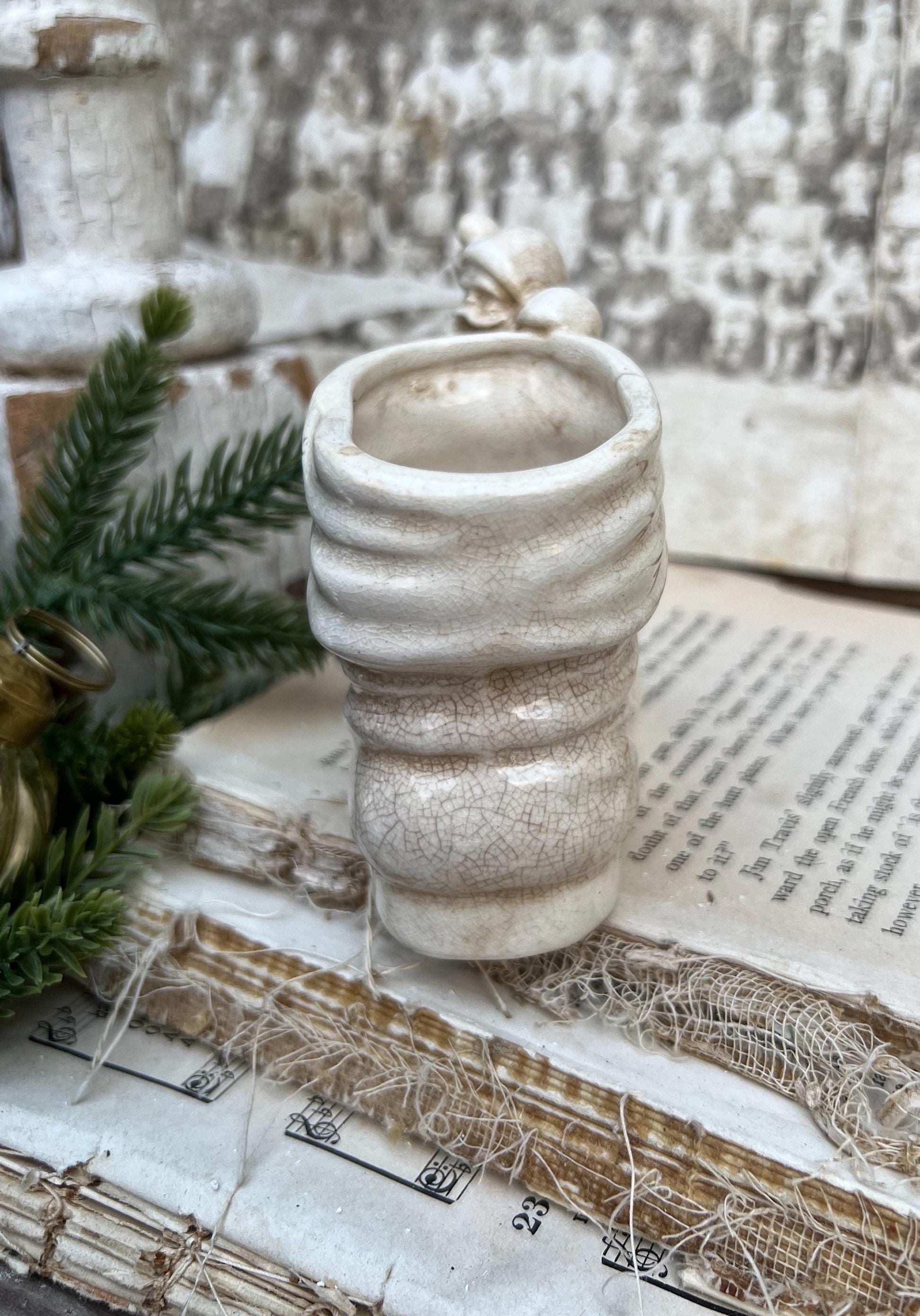 Vintage SANTA BOOT with Santa Planter Creamy White Ironstone Crazing Grungy Ceramic Container Farmhouse Christmas Decor NAPCO Japan