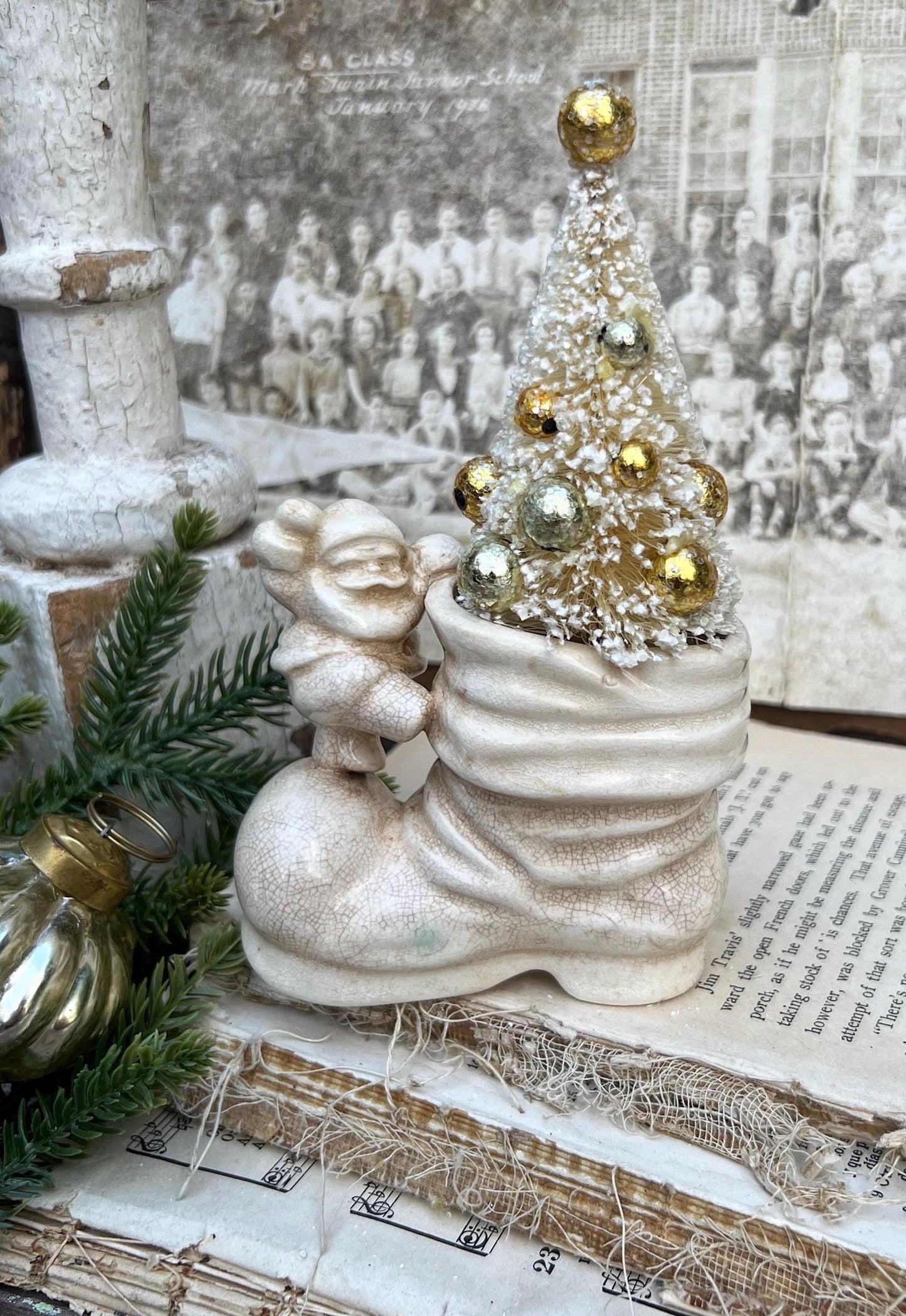 Vintage SANTA BOOT with Santa Planter Creamy White Ironstone Crazing Grungy Ceramic Container Farmhouse Christmas Decor NAPCO Japan