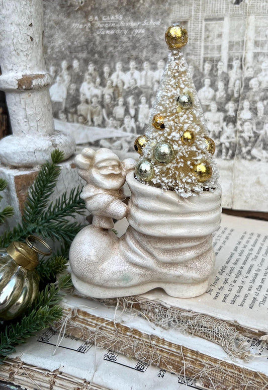 Vintage SANTA BOOT with Santa Planter Creamy White Ironstone Crazing Grungy Ceramic Container Farmhouse Christmas Decor NAPCO Japan