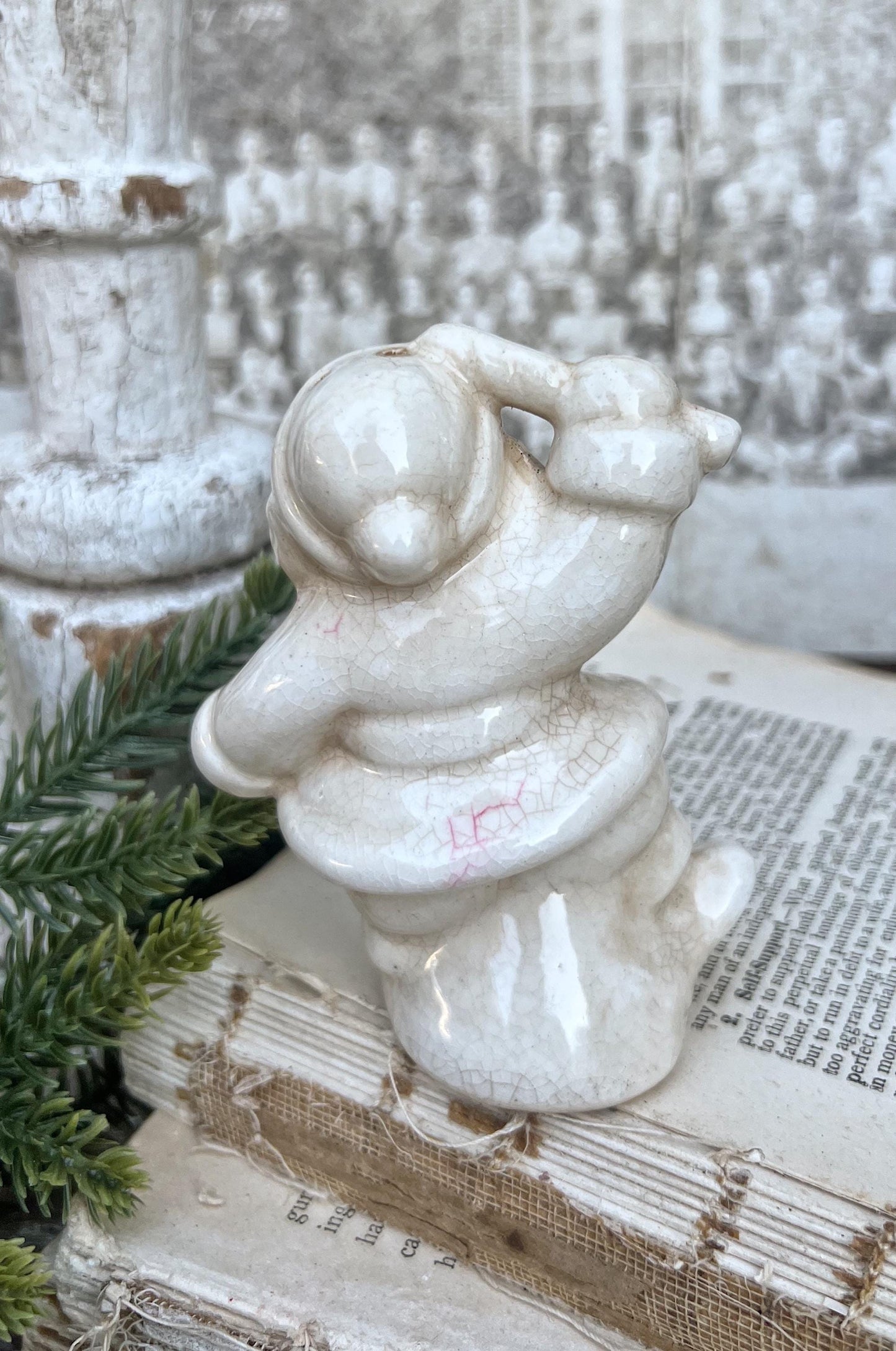 Vintage Ironstone Santa Claus with Candy Cane Salt Shaker Creamy WHITE Farmhouse Christmas Decor Stained Crazing