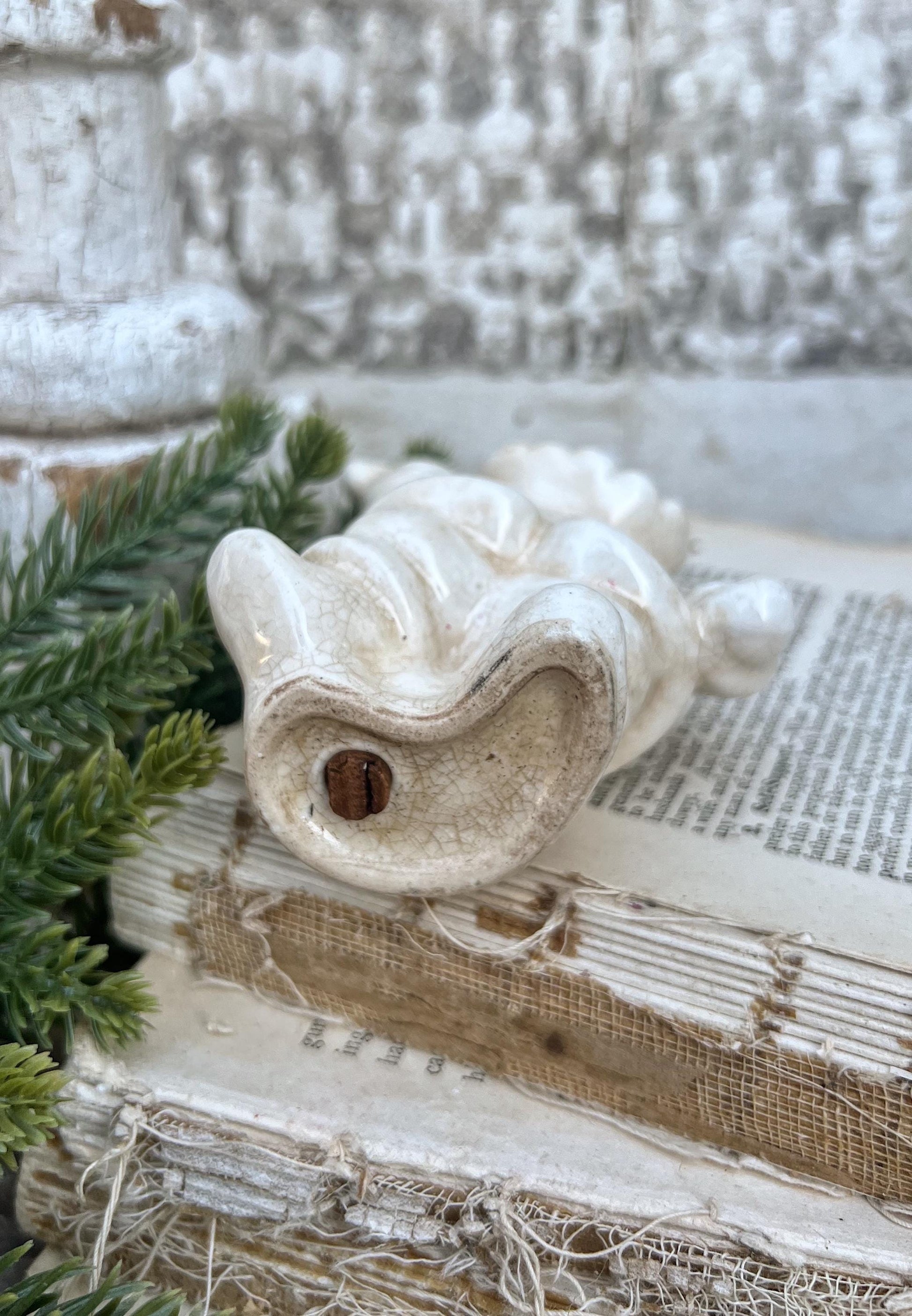 Vintage Ironstone Santa Claus with Candy Cane Salt Shaker Creamy WHITE Farmhouse Christmas Decor Stained Crazing