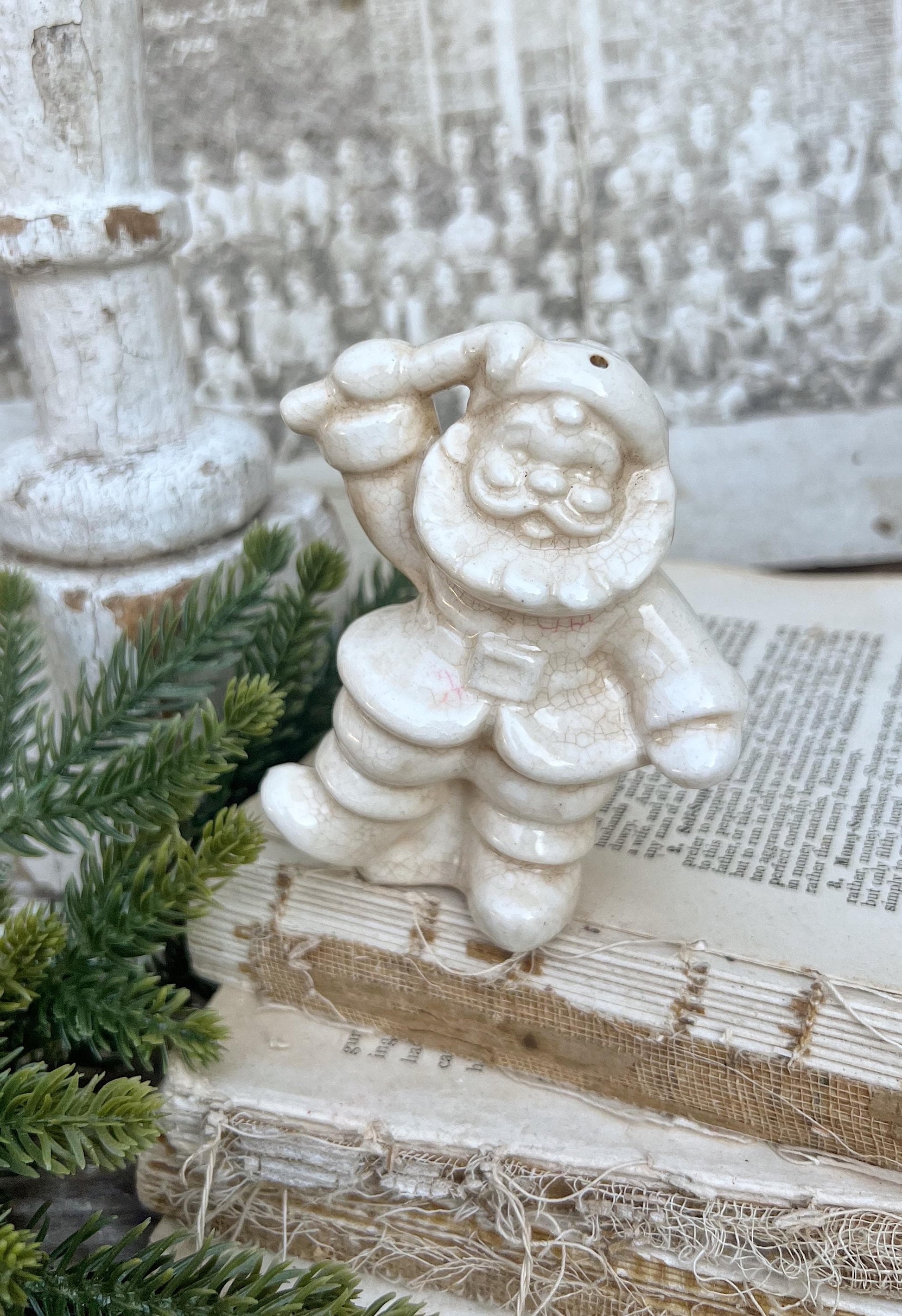 Vintage Ironstone Santa Claus with Candy Cane Salt Shaker Creamy WHITE Farmhouse Christmas Decor Stained Crazing