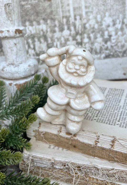 Vintage Ironstone Santa Claus with Candy Cane Salt Shaker Creamy WHITE Farmhouse Christmas Decor Stained Crazing