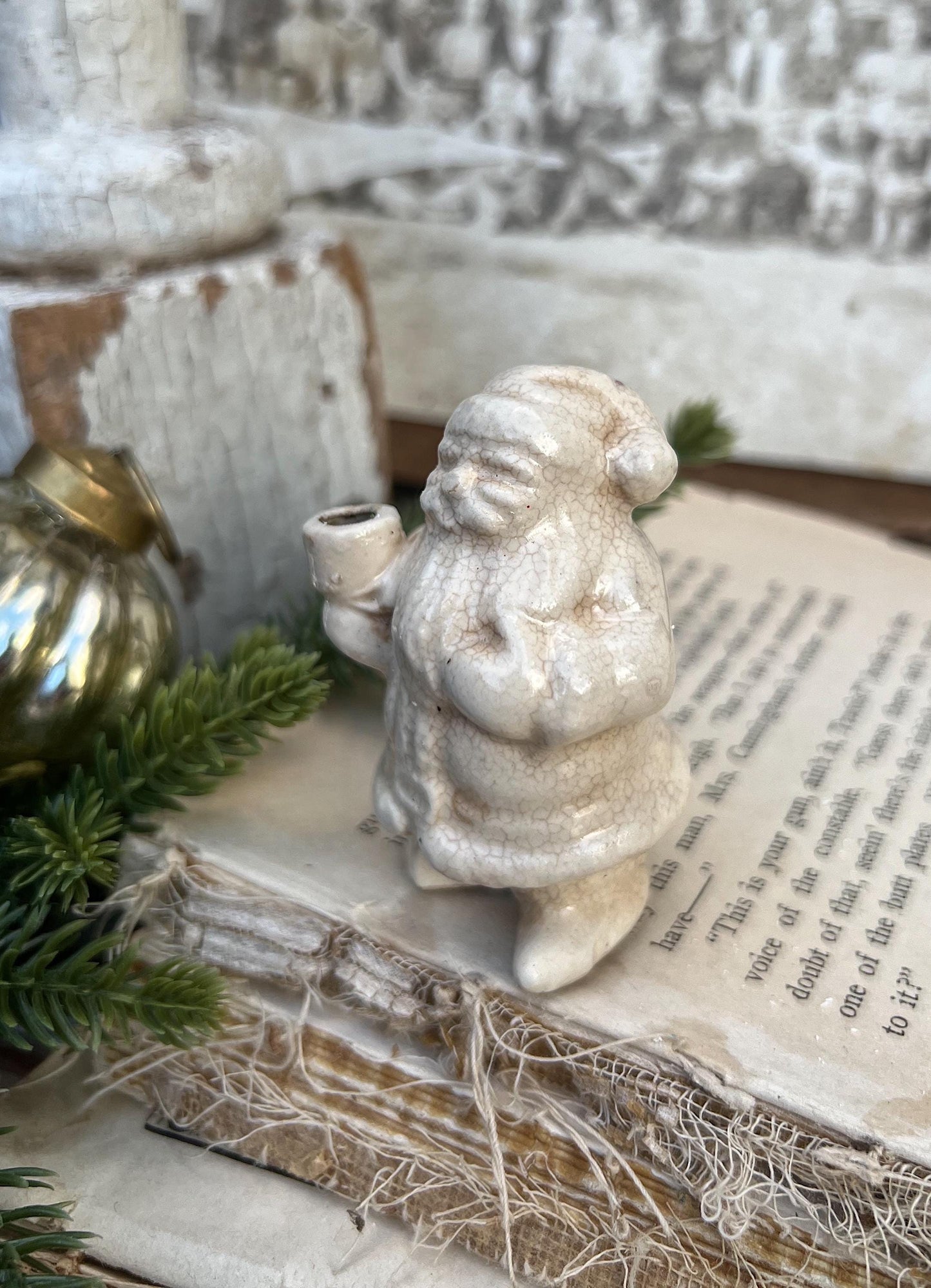 Vintage Ironstone Santa Claus Candle Holder Creamy WHITE Farmhouse Christmas Decor Stained Crazing Tiny