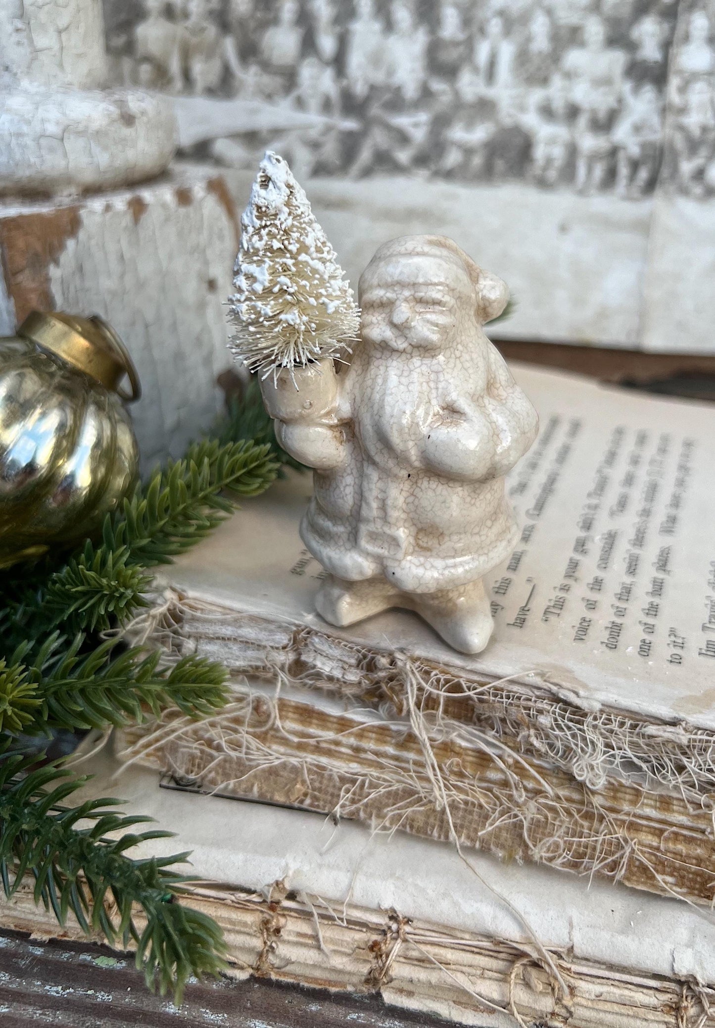 Vintage Ironstone Santa Claus Candle Holder Creamy WHITE Farmhouse Christmas Decor Stained Crazing Tiny