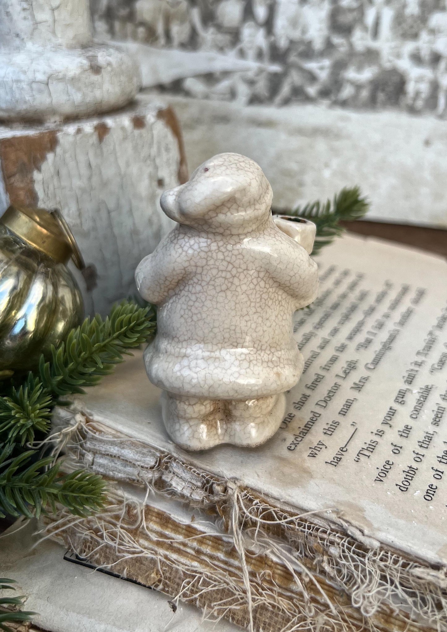 Vintage Ironstone Santa Claus Candle Holder Creamy WHITE Farmhouse Christmas Decor Stained Crazing Tiny