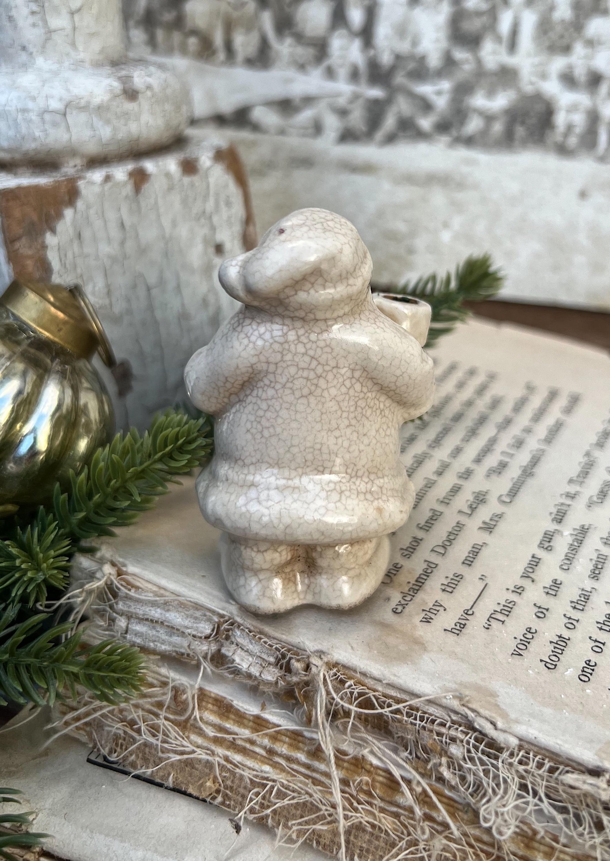 Vintage Ironstone Santa Claus Candle Holder Creamy WHITE Farmhouse Christmas Decor Stained Crazing Tiny