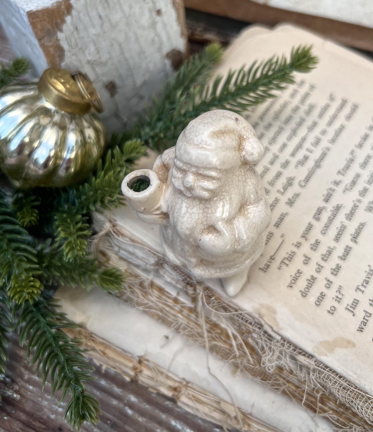 Vintage Ironstone Santa Claus Candle Holder Creamy WHITE Farmhouse Christmas Decor Stained Crazing Tiny