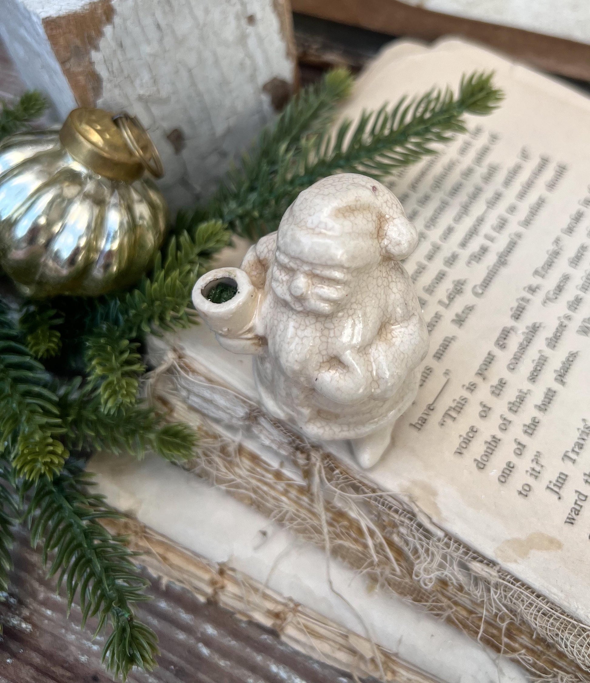 Vintage Ironstone Santa Claus Candle Holder Creamy WHITE Farmhouse Christmas Decor Stained Crazing Tiny