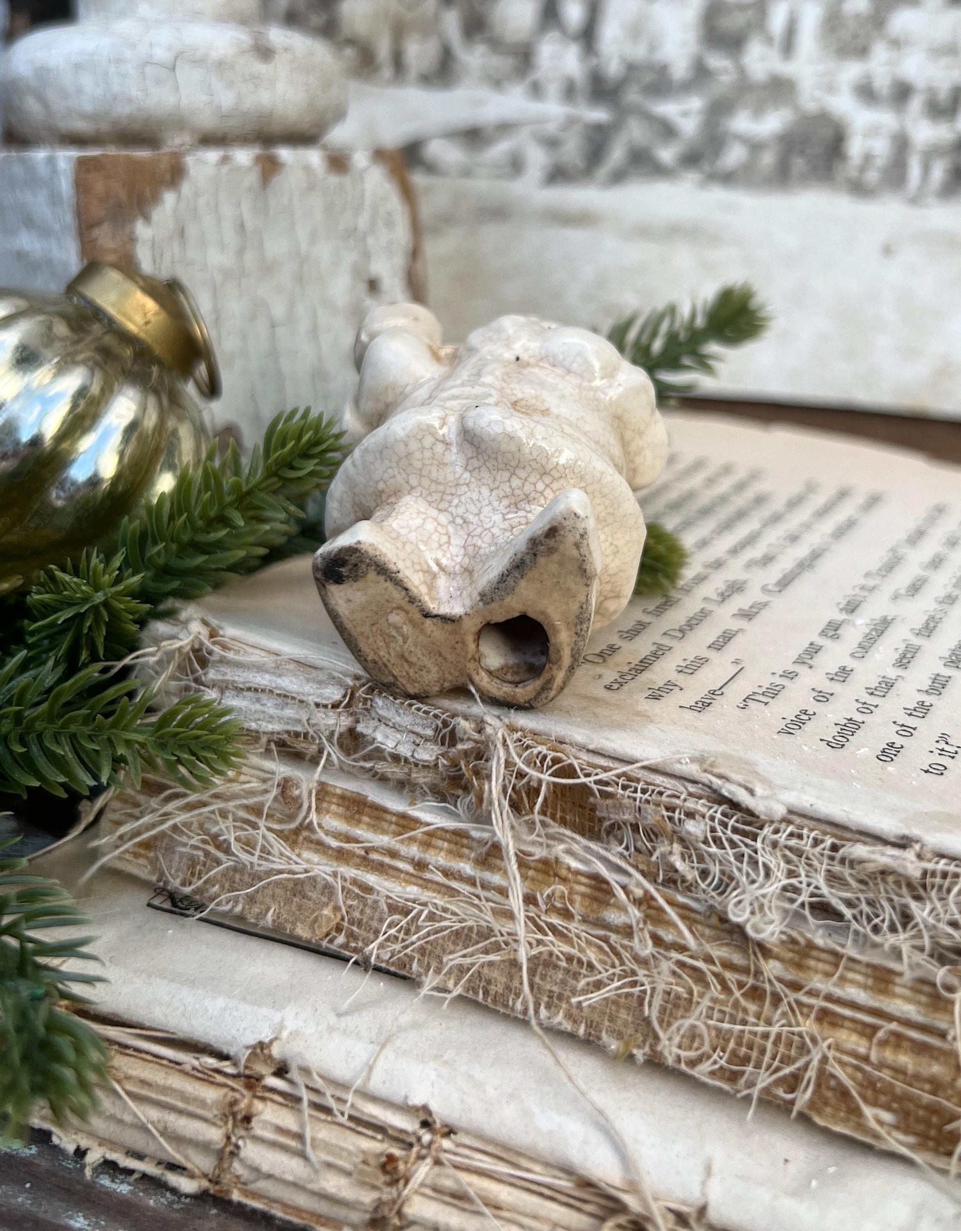 Vintage Ironstone Santa Claus Candle Holder Creamy WHITE Farmhouse Christmas Decor Stained Crazing Tiny