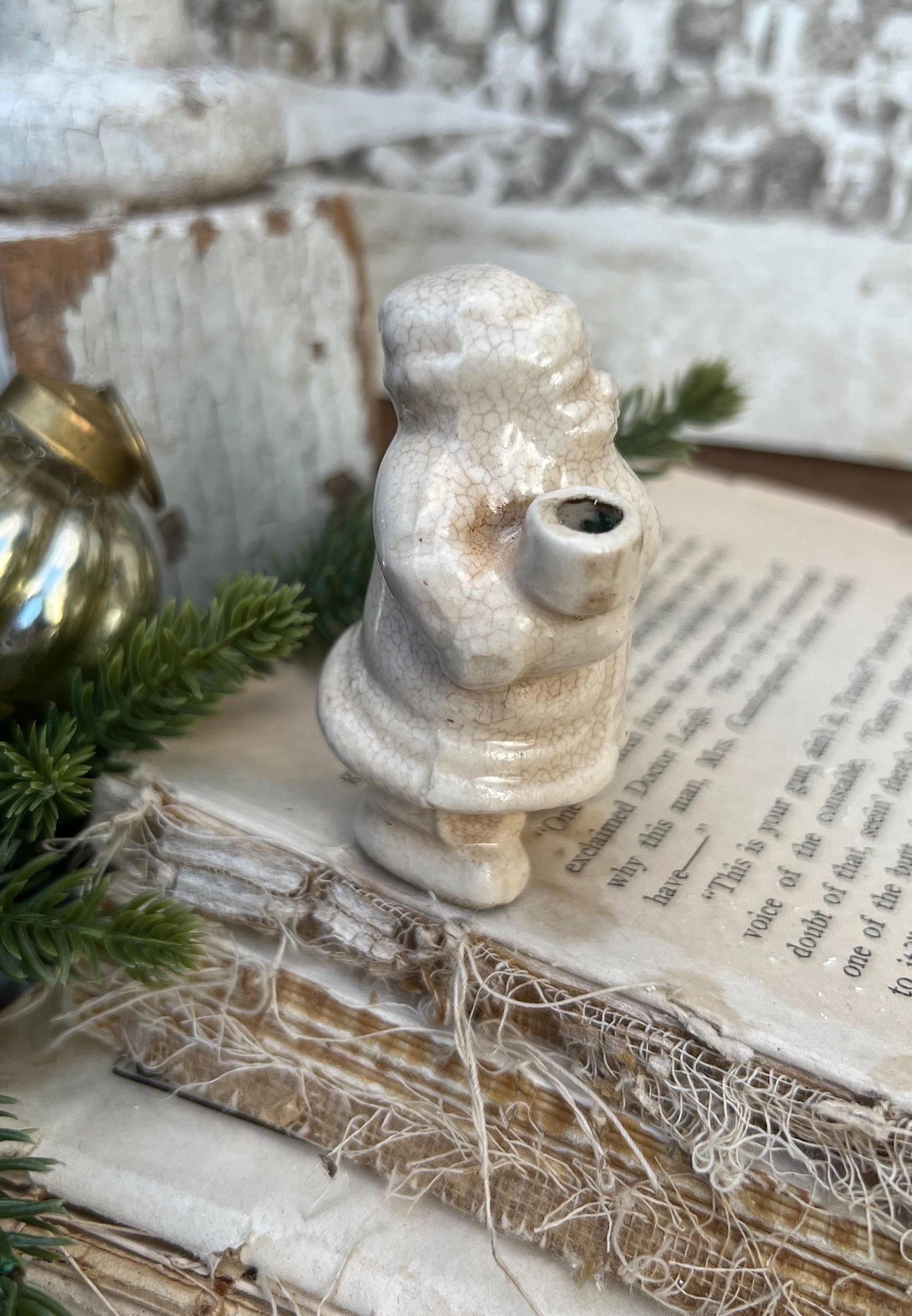Vintage Ironstone Santa Claus Candle Holder Creamy WHITE Farmhouse Christmas Decor Stained Crazing Tiny