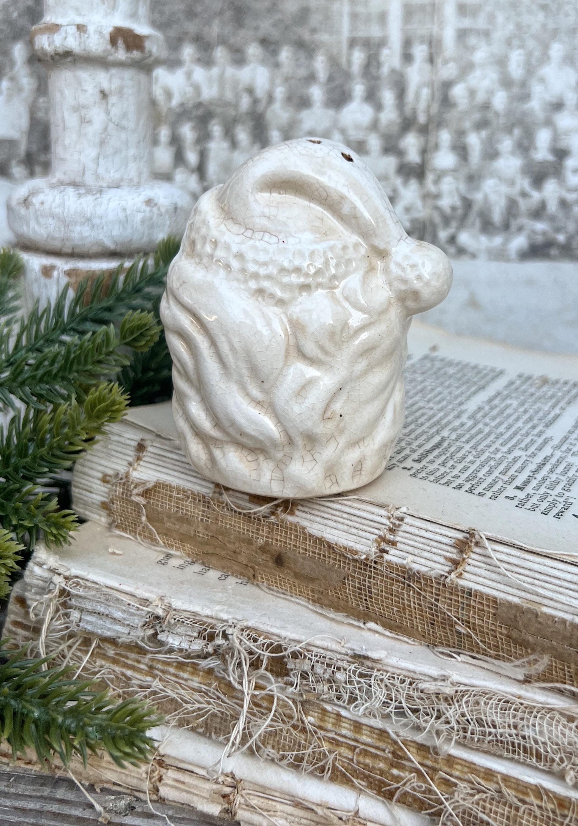 Vintage Ironstone Santa Claus Salt Shaker Creamy WHITE Crazed Stained Farmhouse Christmas Decor