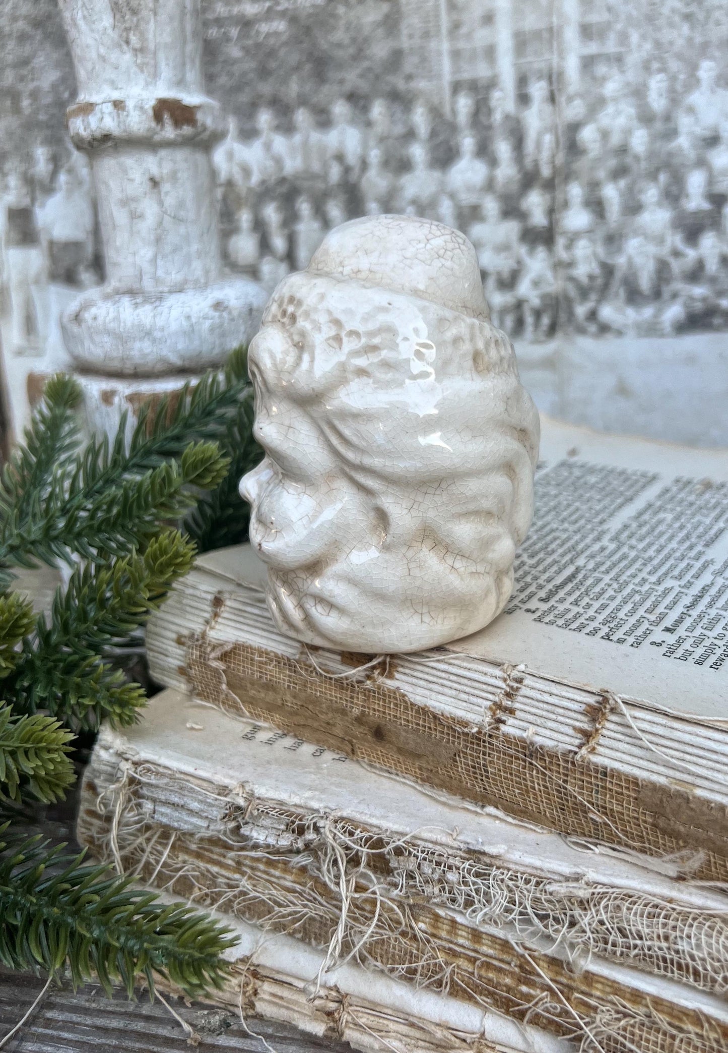 Vintage Ironstone Santa Claus Salt Shaker Creamy WHITE Crazed Stained Farmhouse Christmas Decor