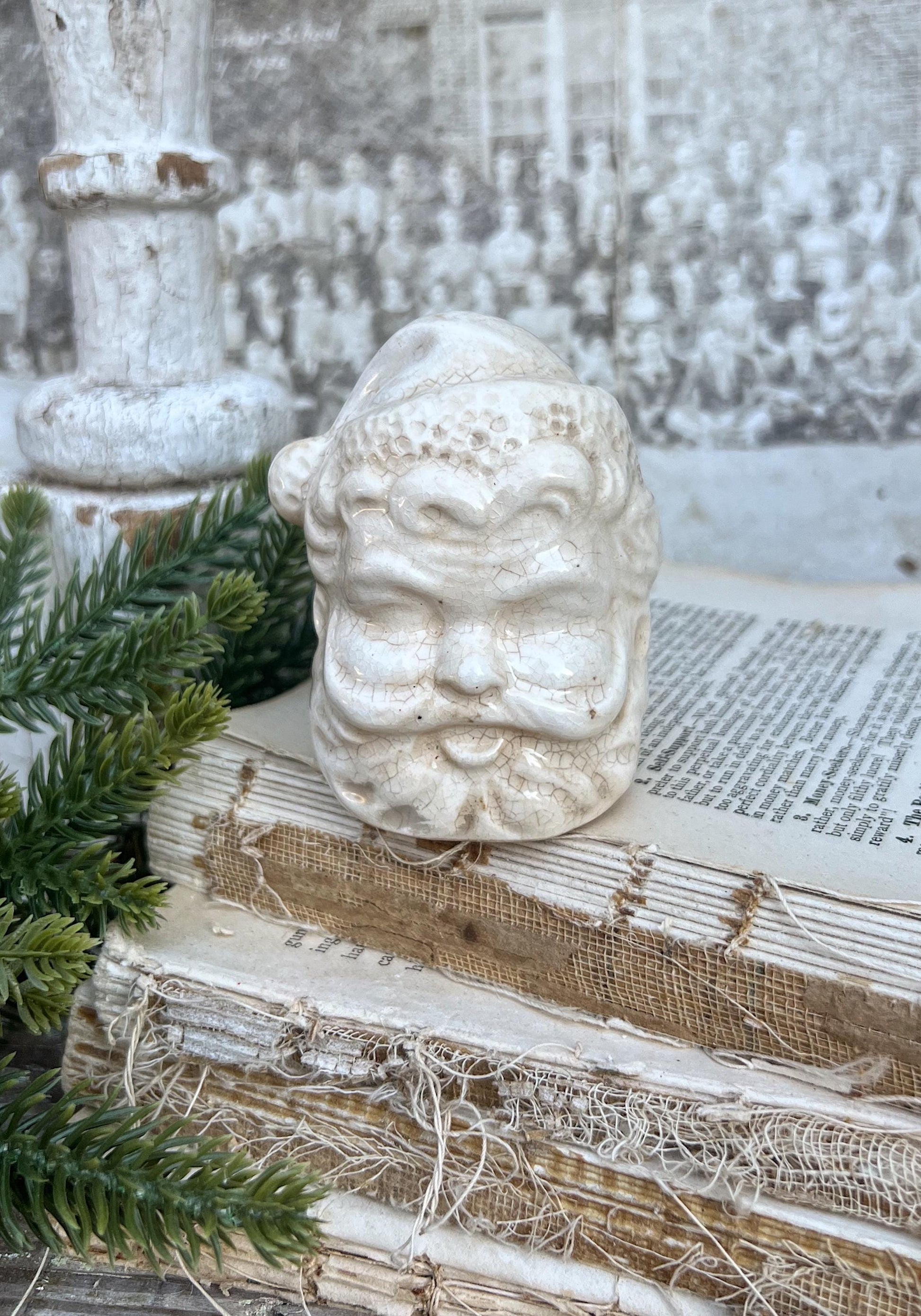 Vintage Ironstone Santa Claus Salt Shaker Creamy WHITE Crazed Stained Farmhouse Christmas Decor