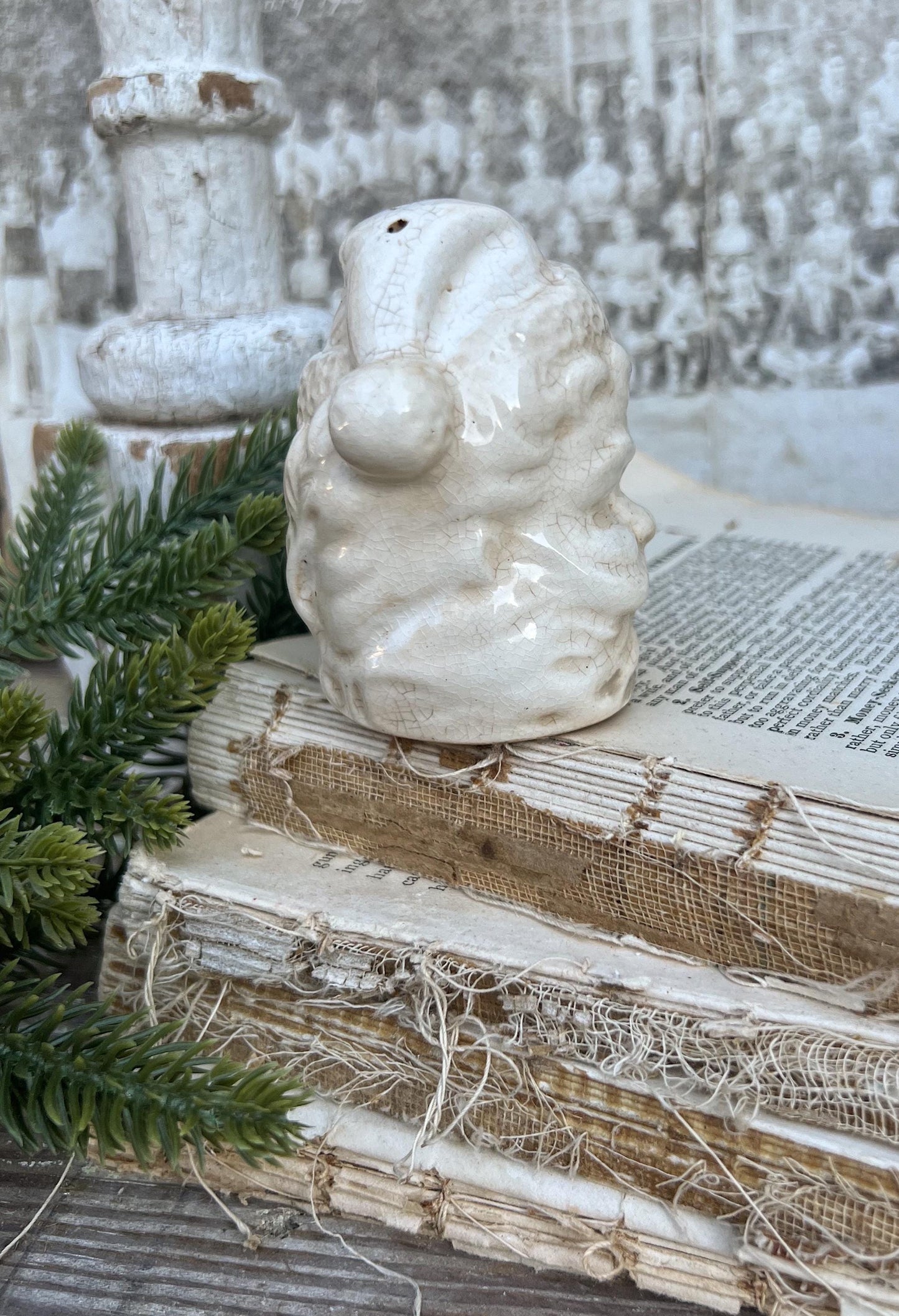 Vintage Ironstone Santa Claus Salt Shaker Creamy WHITE Crazed Stained Farmhouse Christmas Decor