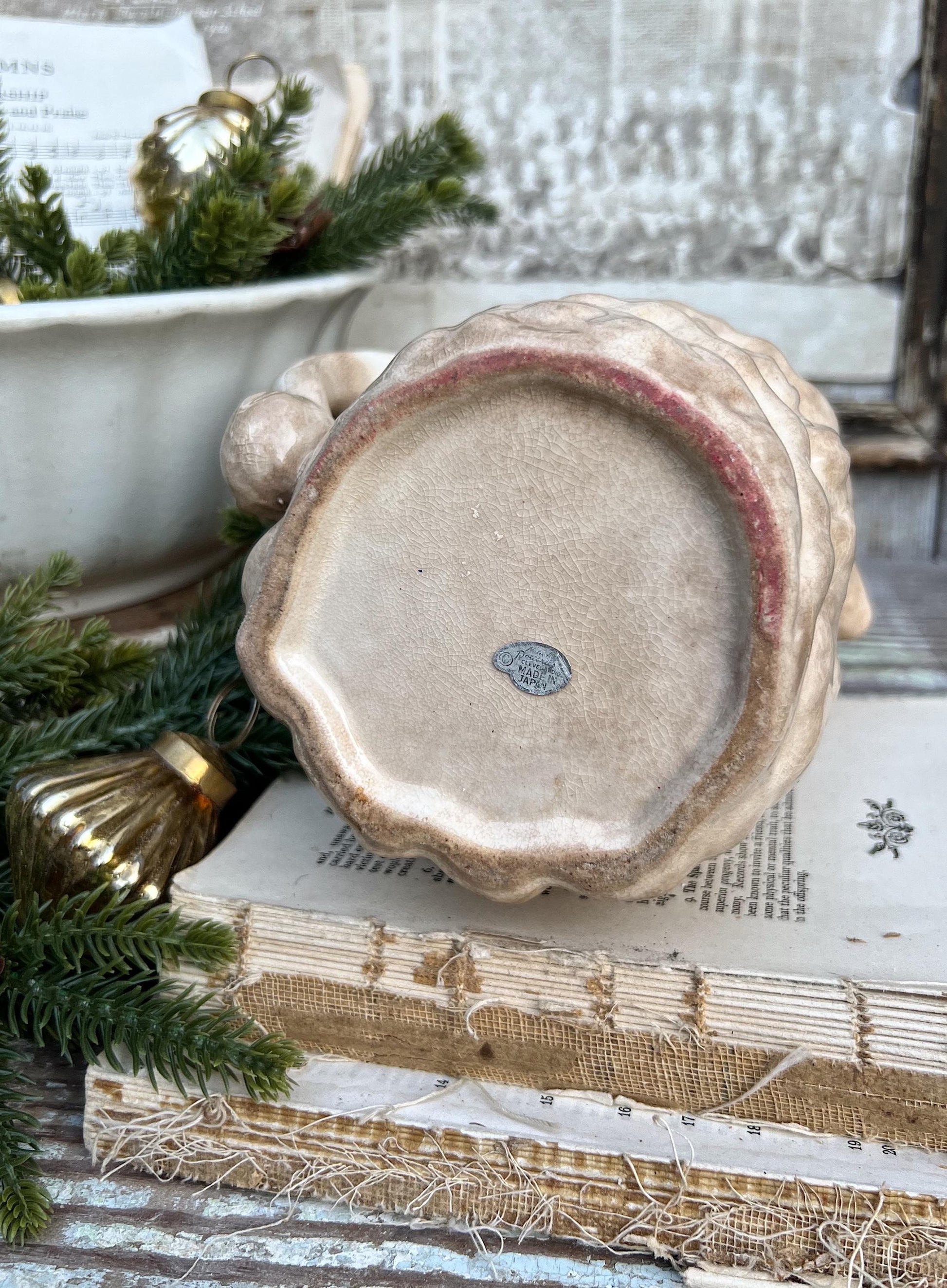 Vintage Ironstone Santa Claus Pitcher LARGE Creamy White Farmhouse Christmas Decor Rare Paintless Grungy Stained Crazed INARCO JAPAN 1959