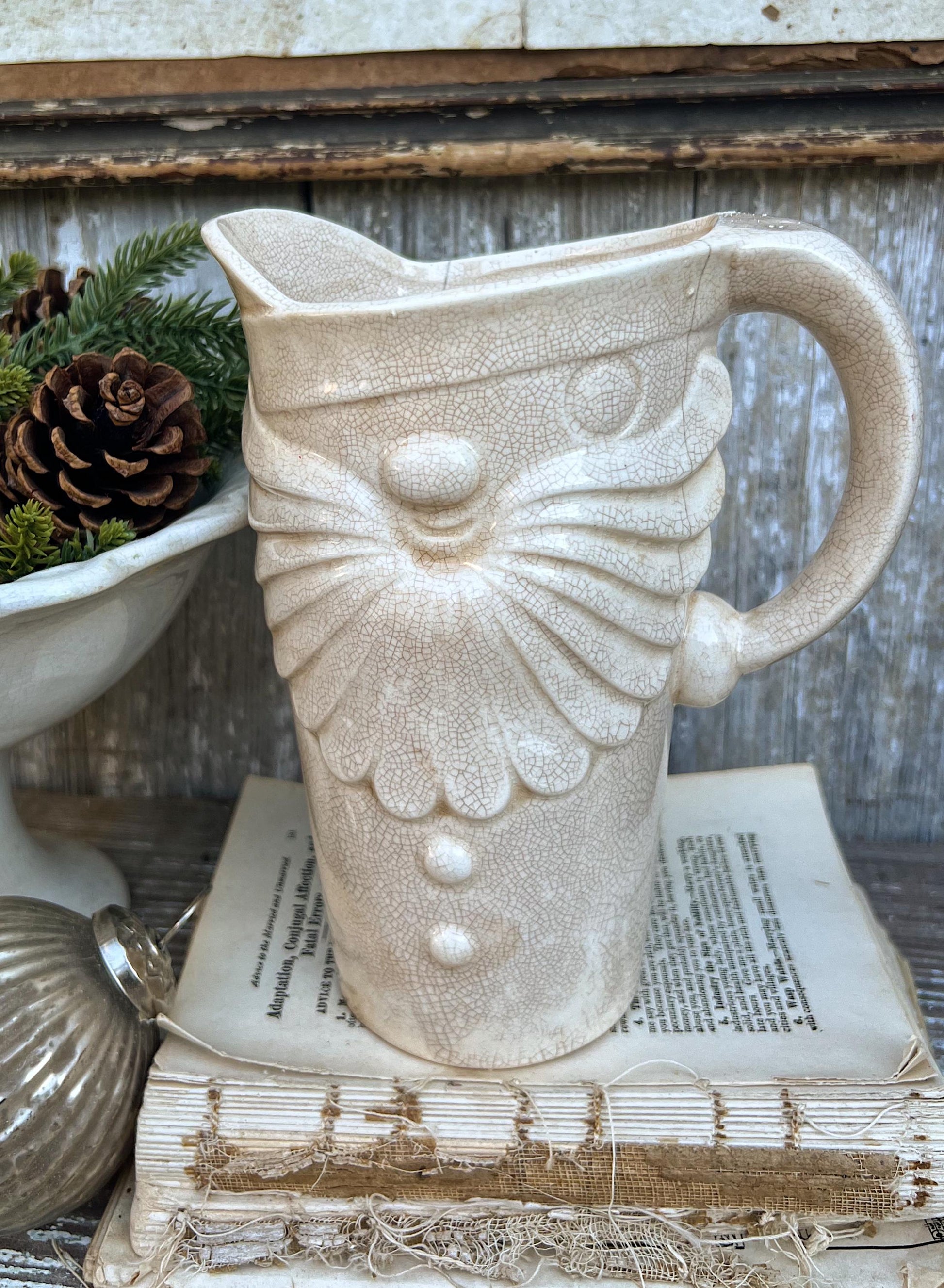 Vintage HOLT HOWARD 1959 Ironstone Santa Claus PITCHER Creamy White Santa Face Farmhouse Christmas Decor Rare Crazing Stained Large