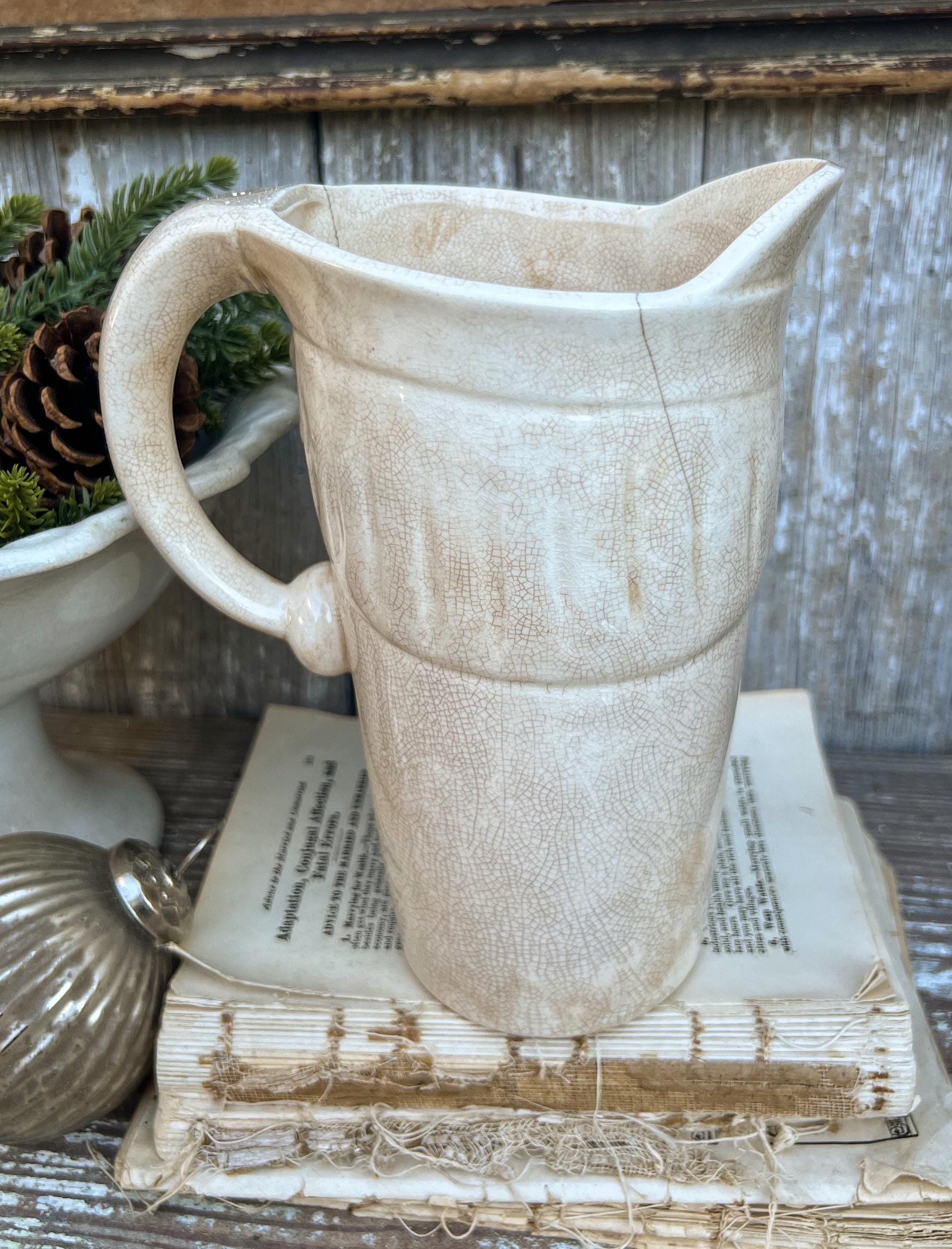 Vintage HOLT HOWARD 1959 Ironstone Santa Claus PITCHER Creamy White Santa Face Farmhouse Christmas Decor Rare Crazing Stained Large