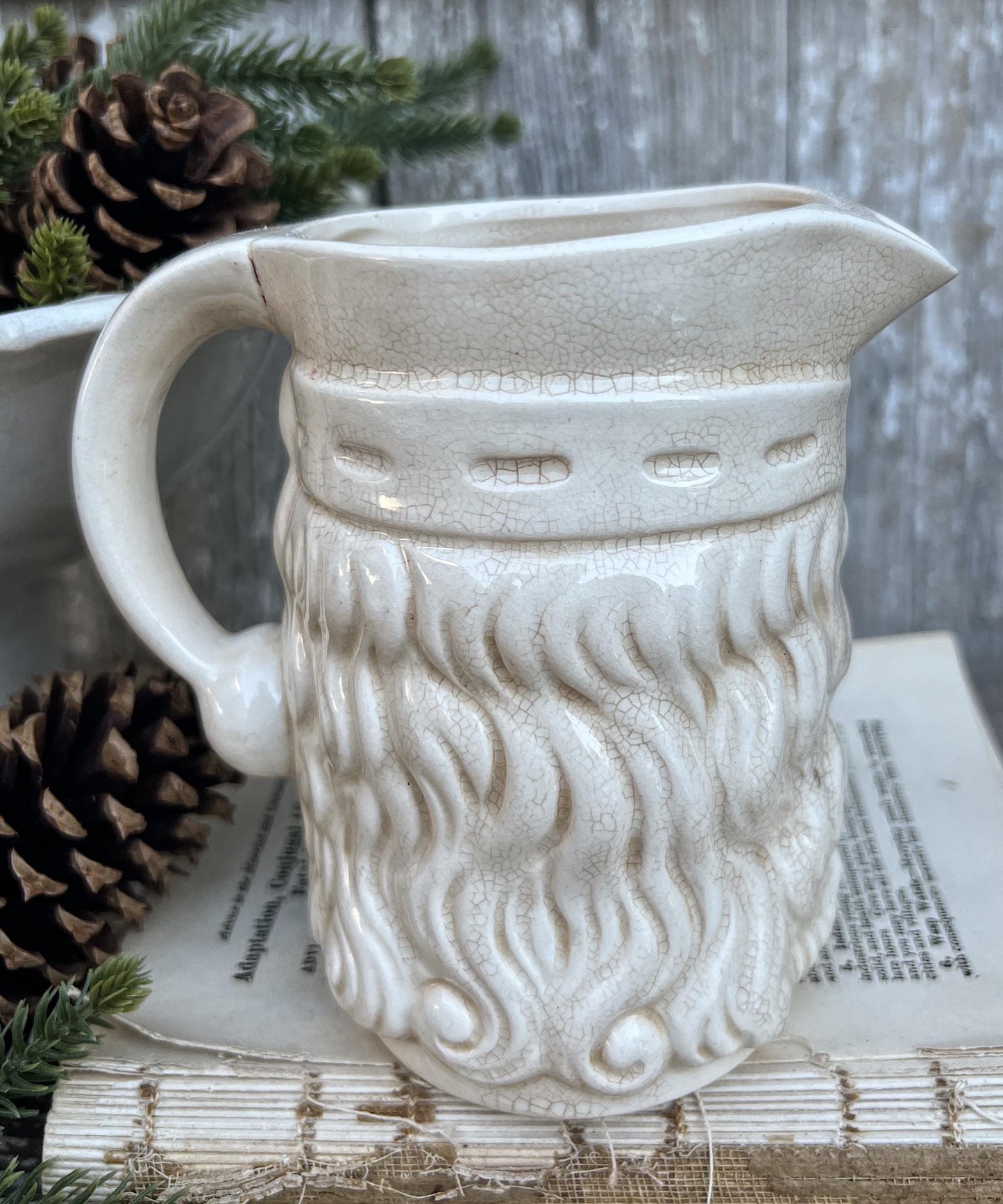 Vintage Ironstone Santa Claus Pitcher LARGE Creamy White Farmhouse Christmas Decor Rare Paintless Grungy Stained Crazed INARCO JAPAN 1959