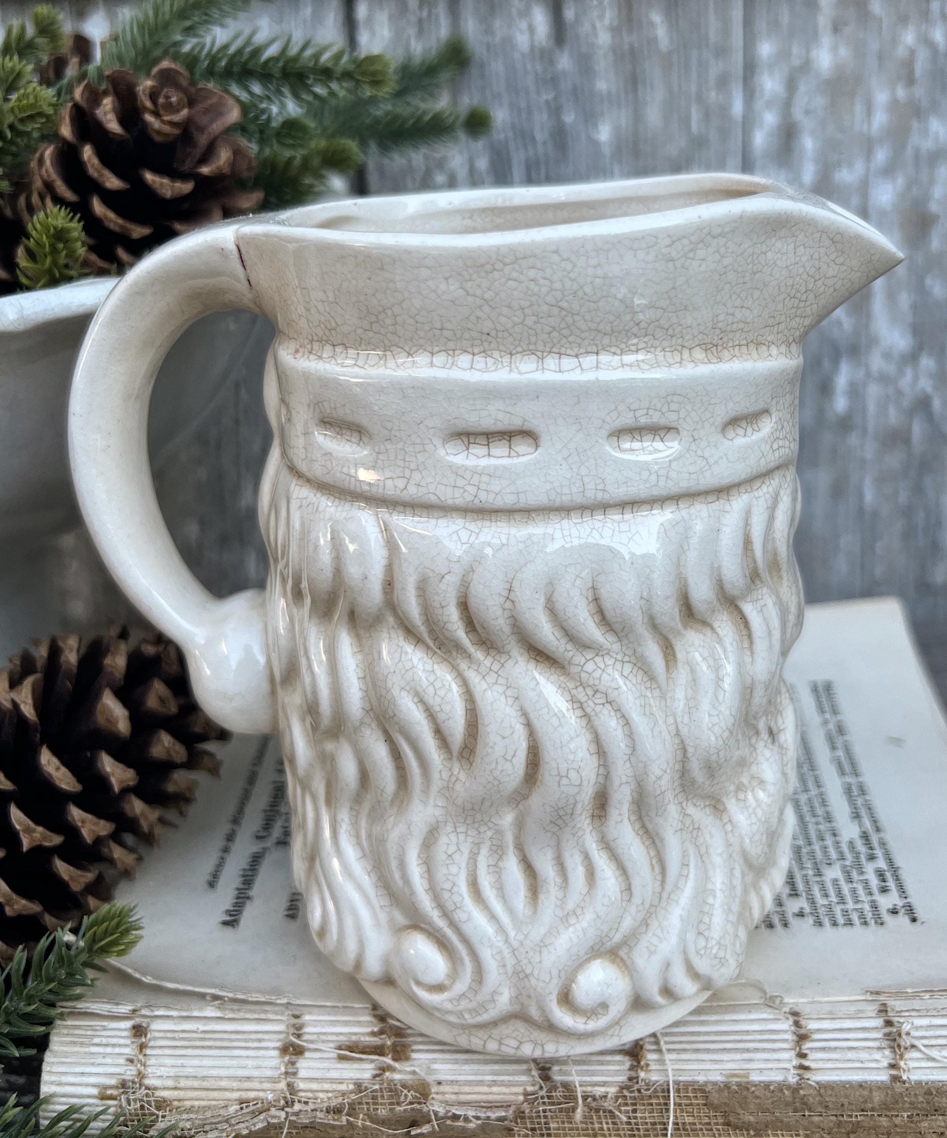 Vintage Ironstone Santa Claus Pitcher LARGE Creamy White Farmhouse Christmas Decor Rare Paintless Grungy Stained Crazed INARCO JAPAN 1959