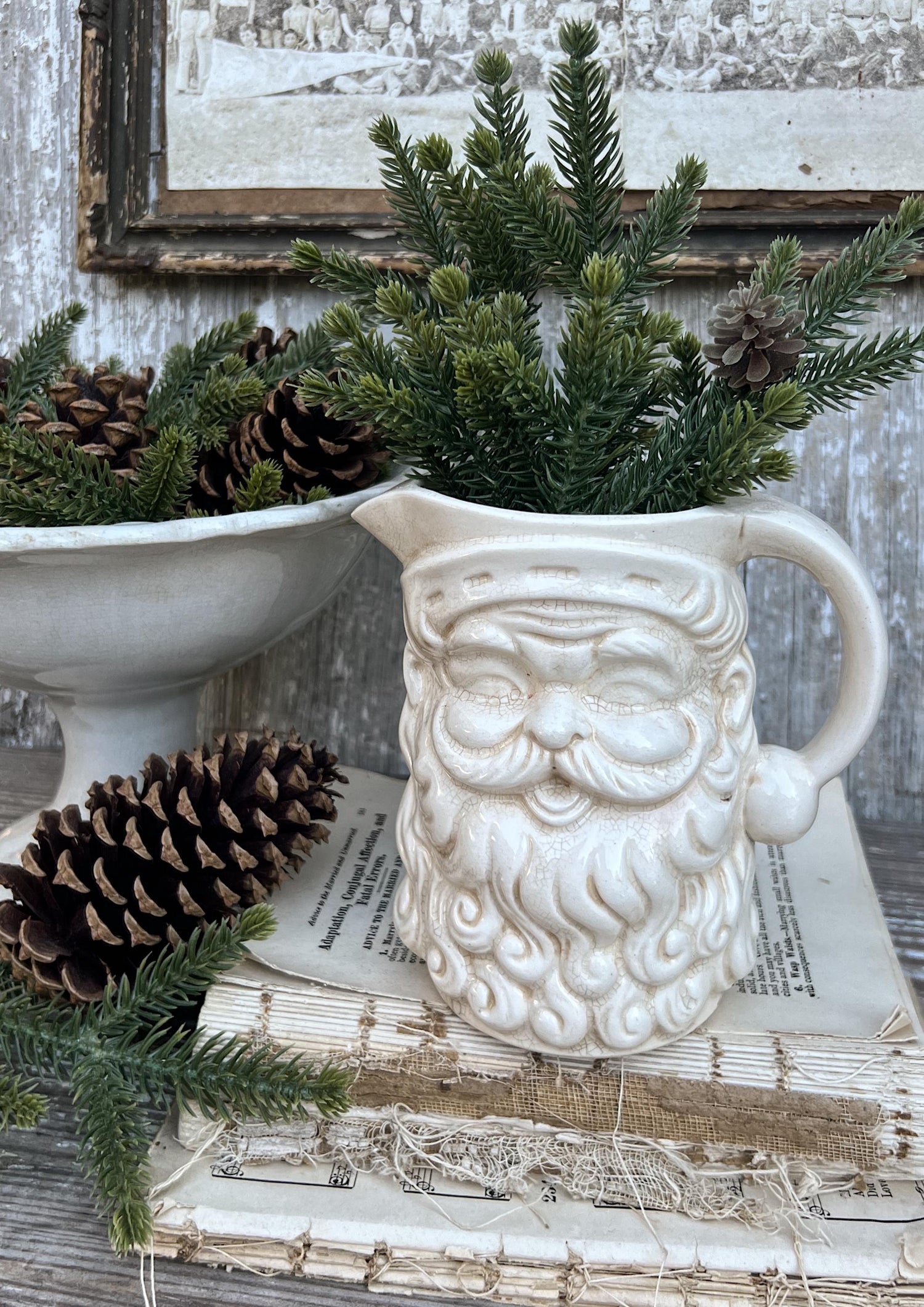 Vintage Ironstone Santa Claus Pitcher LARGE Creamy White Farmhouse Christmas Decor Rare Paintless Grungy Stained Crazed INARCO JAPAN 1959