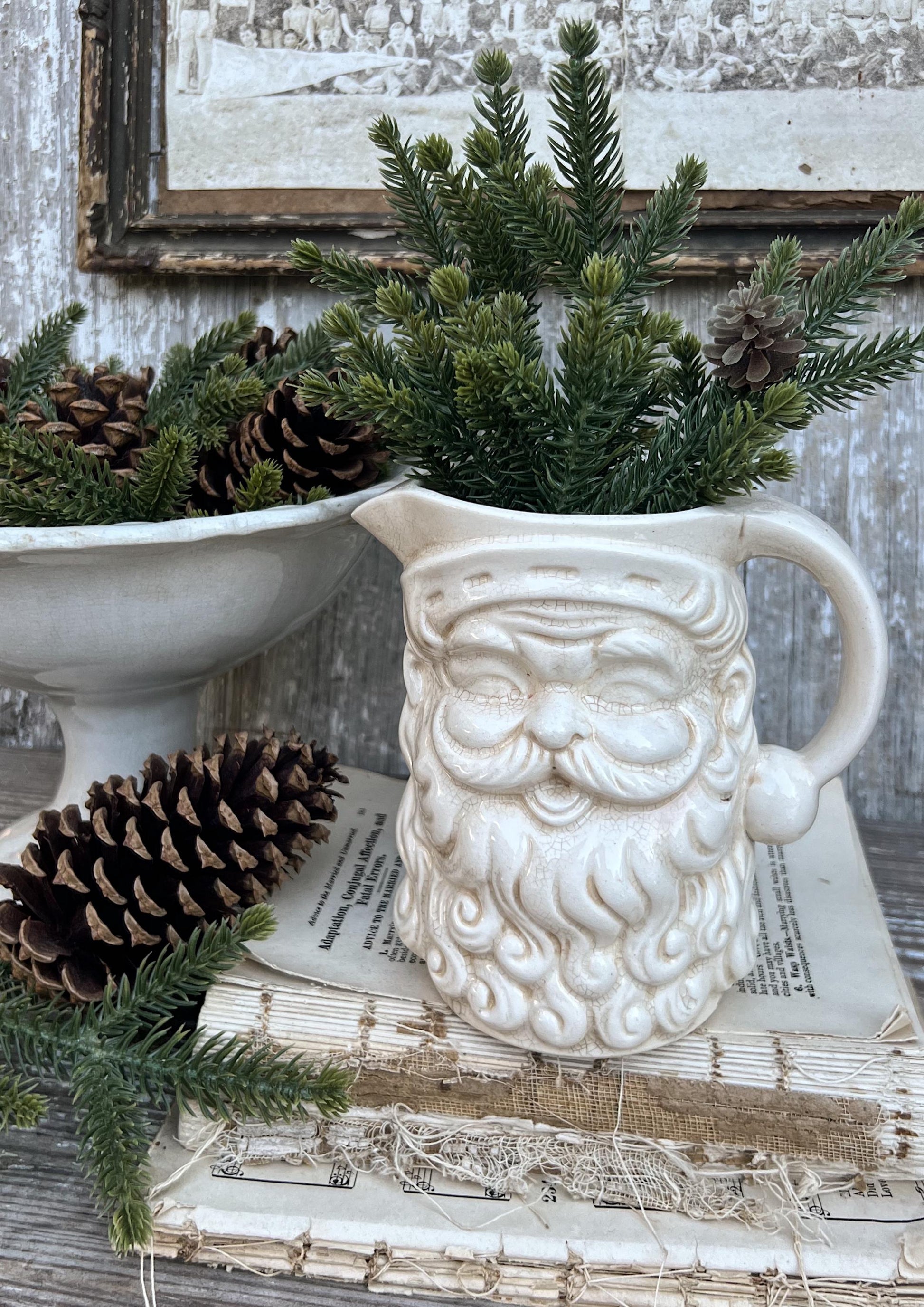 Vintage Ironstone Santa Claus Pitcher LARGE Creamy White Farmhouse Christmas Decor Rare Paintless Grungy Stained Crazed INARCO JAPAN 1959