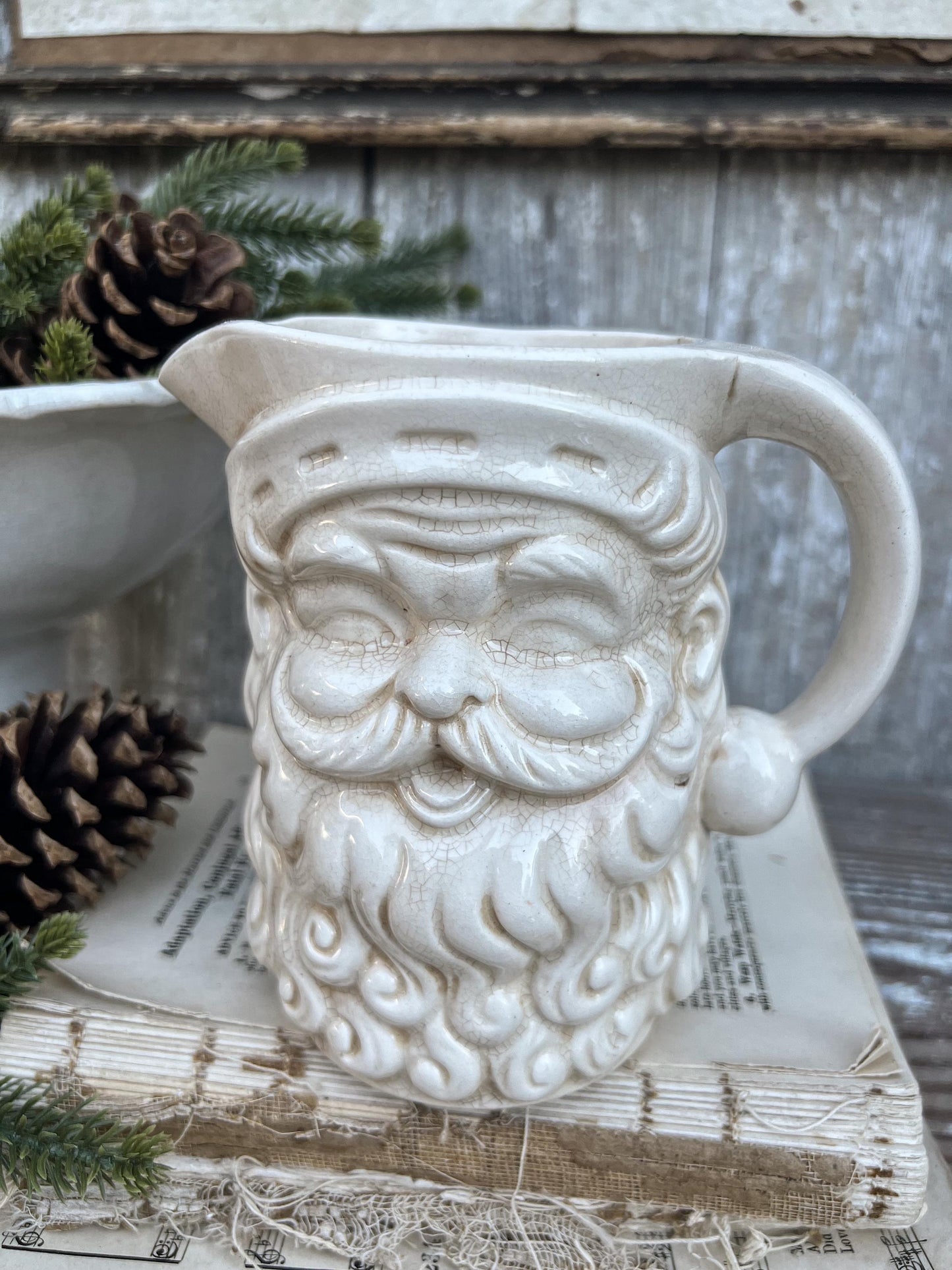 Vintage Ironstone Santa Claus Pitcher LARGE Creamy White Farmhouse Christmas Decor Rare Paintless Grungy Stained Crazed INARCO JAPAN 1959