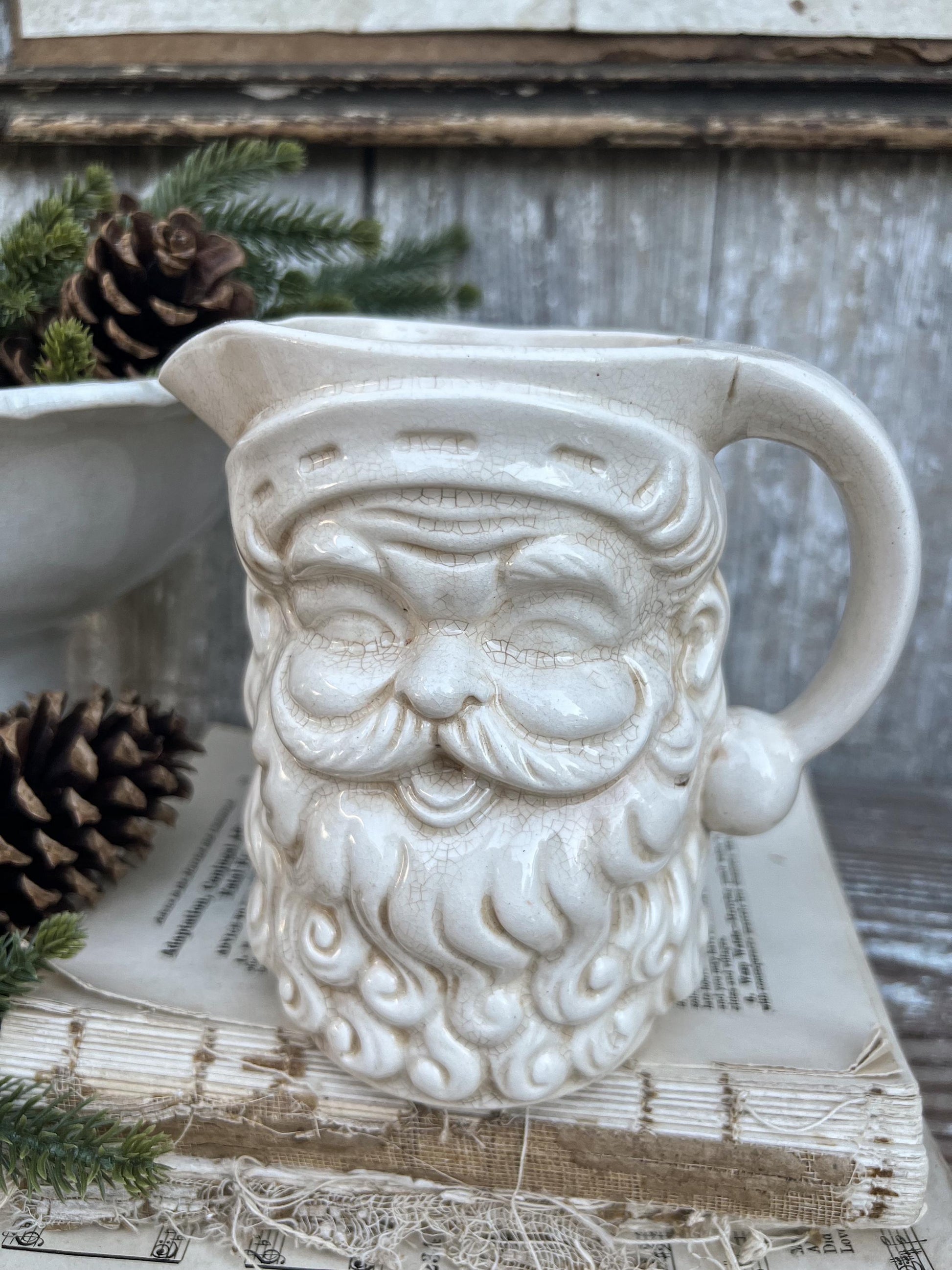 Vintage Ironstone Santa Claus Pitcher LARGE Creamy White Farmhouse Christmas Decor Rare Paintless Grungy Stained Crazed INARCO JAPAN 1959