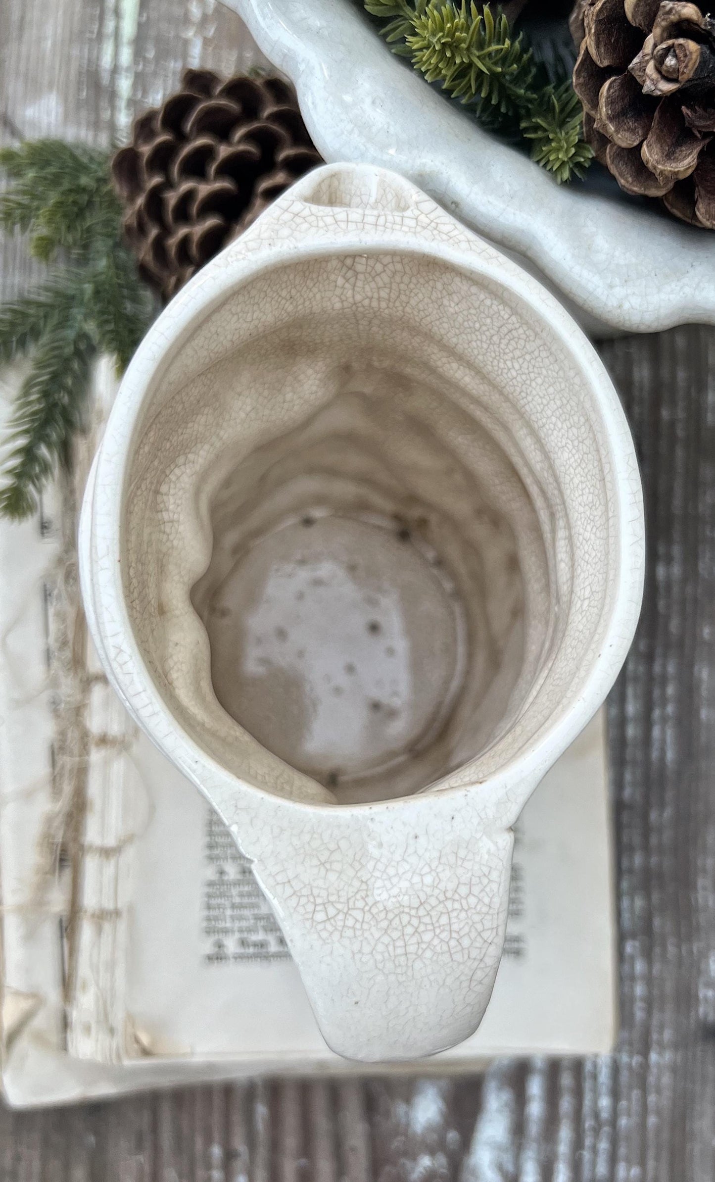 Vintage Ironstone Santa Claus Pitcher LARGE Creamy White Farmhouse Christmas Decor Rare Paintless Grungy Stained Crazed INARCO JAPAN 1959