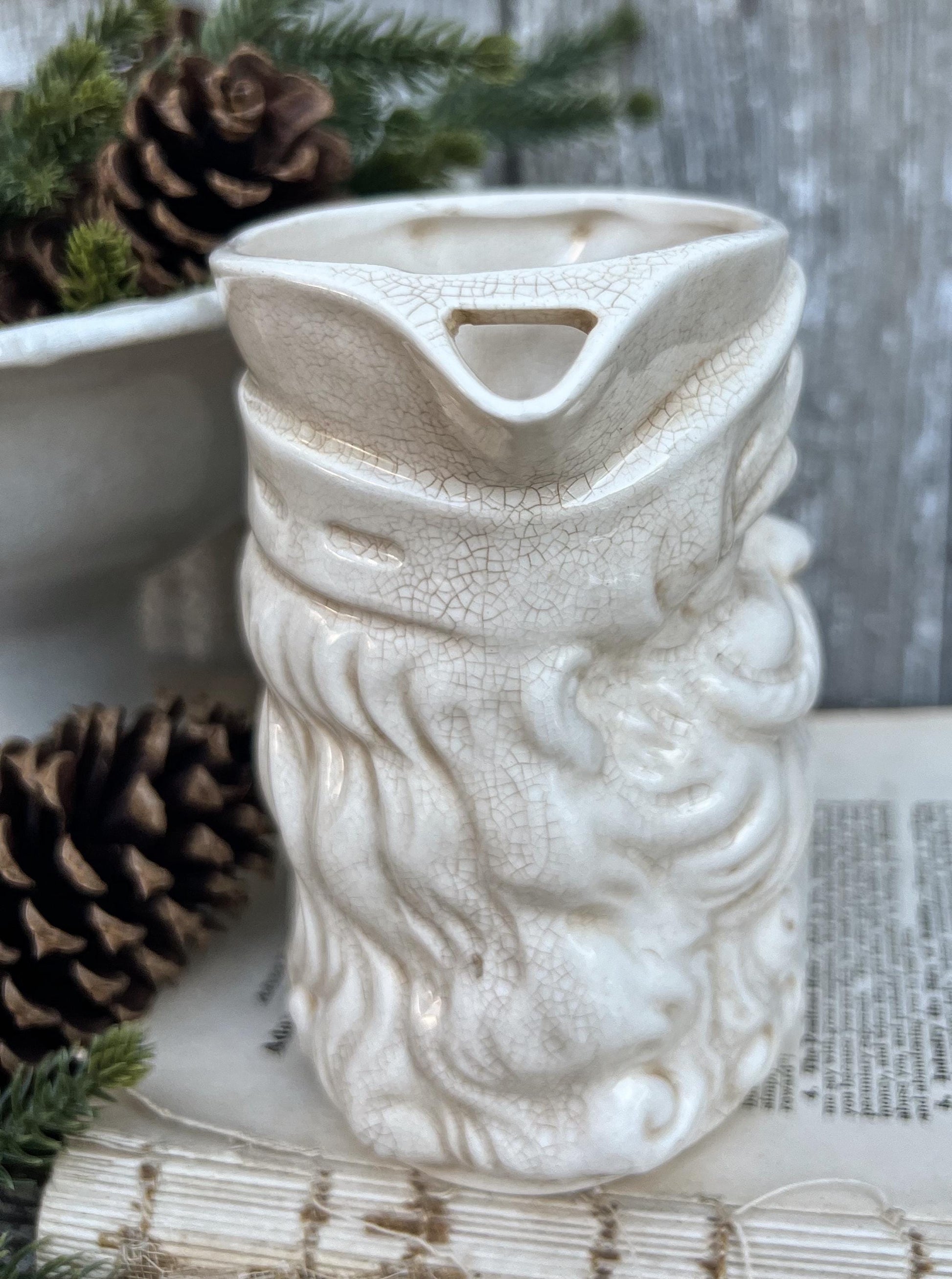 Vintage Ironstone Santa Claus Pitcher LARGE Creamy White Farmhouse Christmas Decor Rare Paintless Grungy Stained Crazed INARCO JAPAN 1959