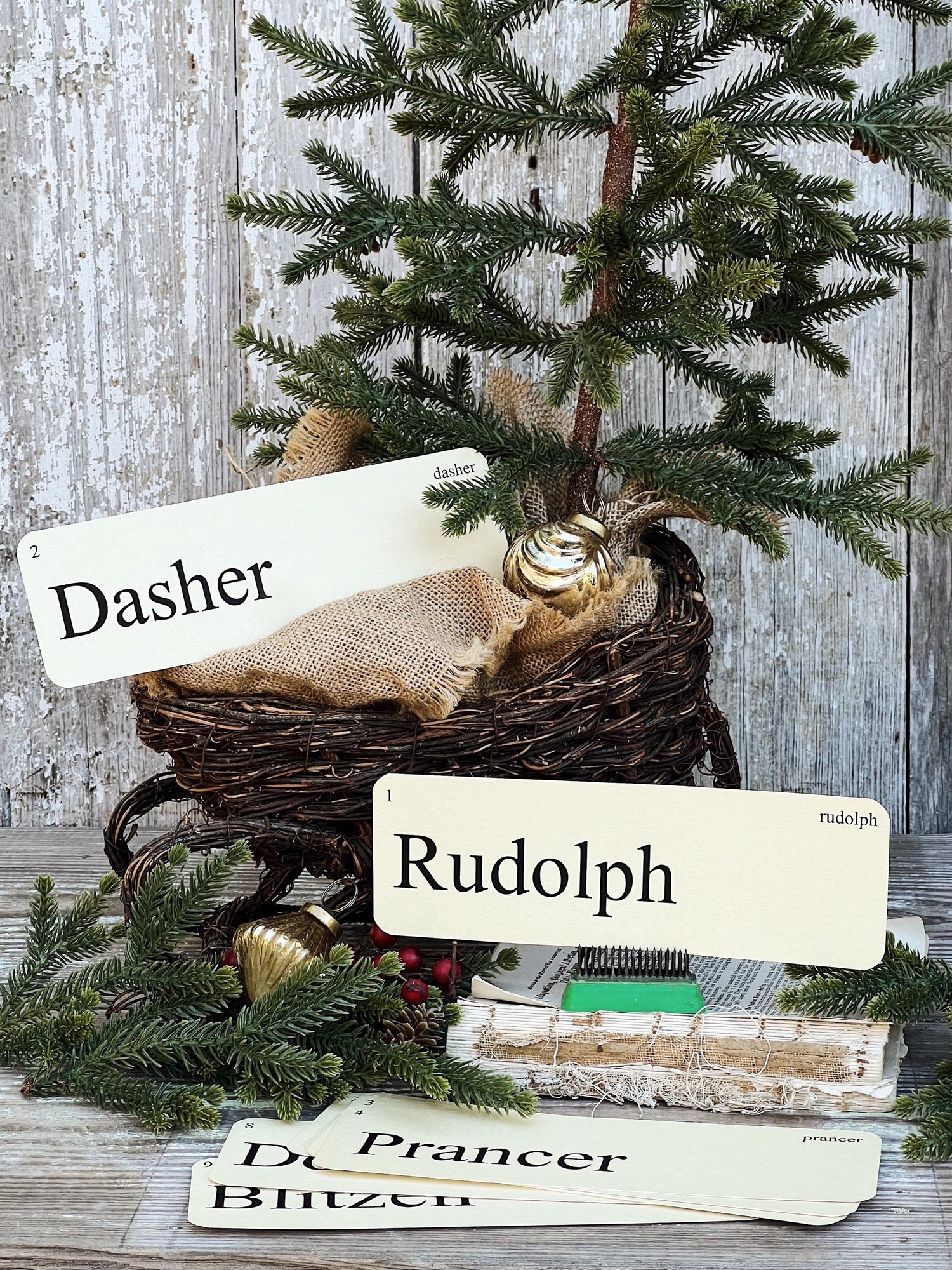 Santa’s REINDEER Christmas Flash Cards LARGE Vintage Inspired Flashcard Set Of 9 Farmhouse Decor Holiday Primitive Retro Christmas