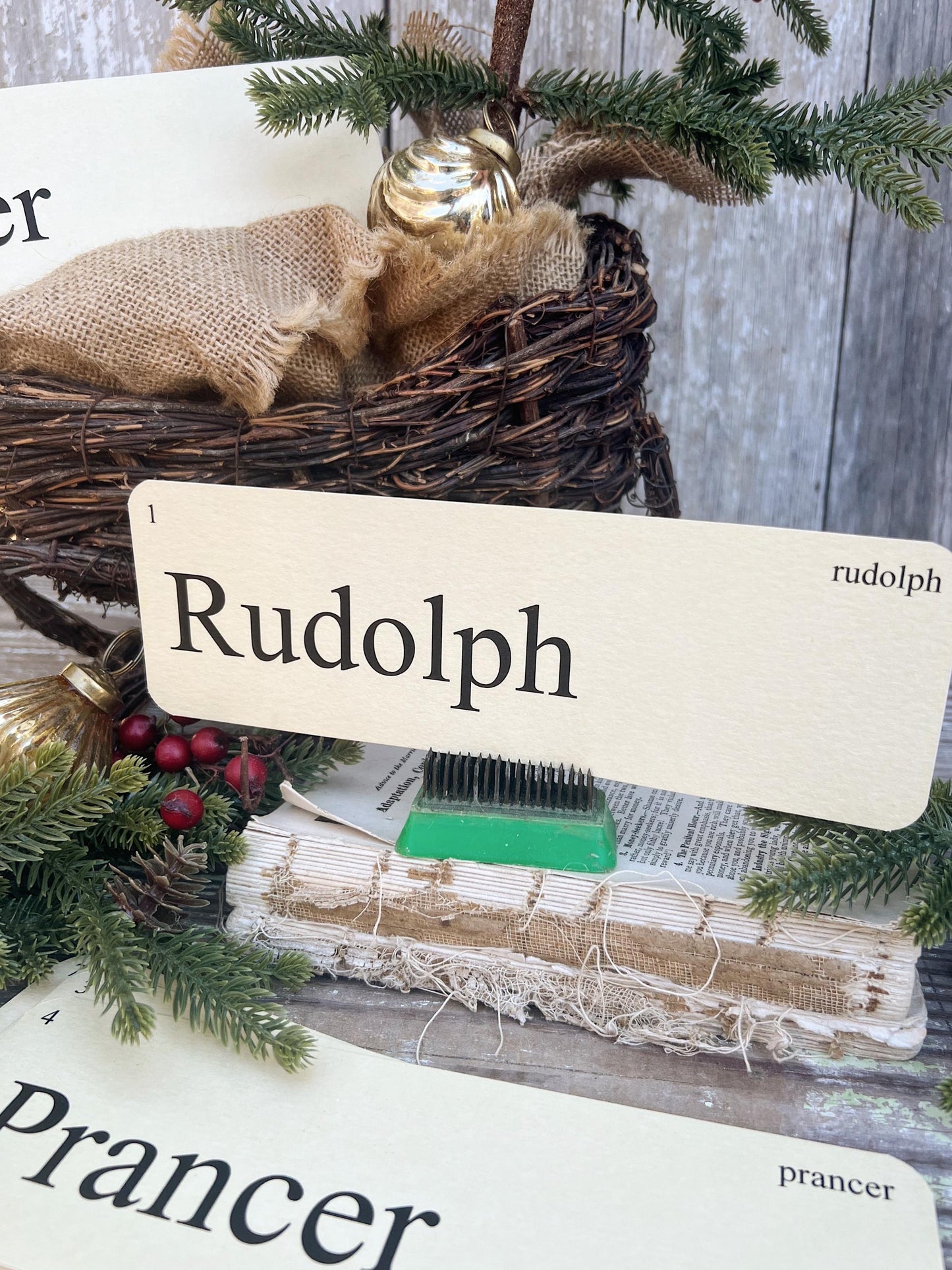 Santa’s REINDEER Christmas Flash Cards LARGE Vintage Inspired Flashcard Set Of 9 Farmhouse Decor Holiday Primitive Retro Christmas