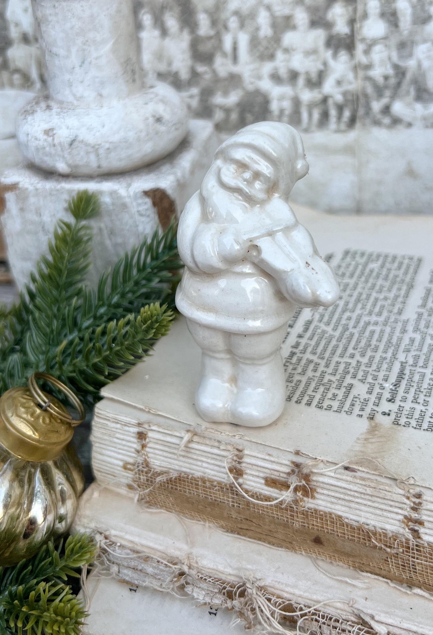 Vintage Ironstone Santa Claus Salt Shaker Creamy WHITE Farmhouse Christmas Decor VIOLIN Stained Crazing